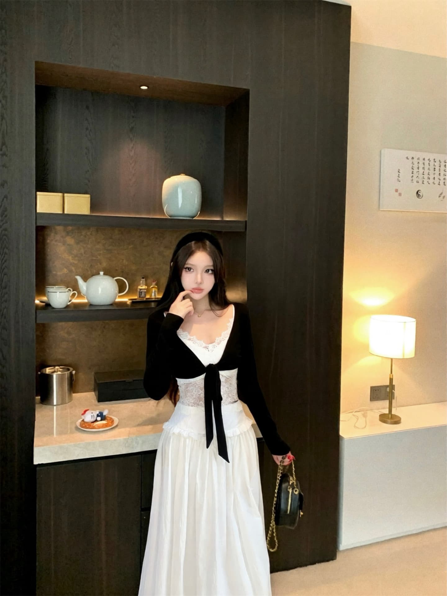실사 이른 가을 프랑스식 고급 센스 품격 니트 오픈 가디건 캐미솔 반신 롱 스커트 세 조각 여성 세트 상세 이미지 7