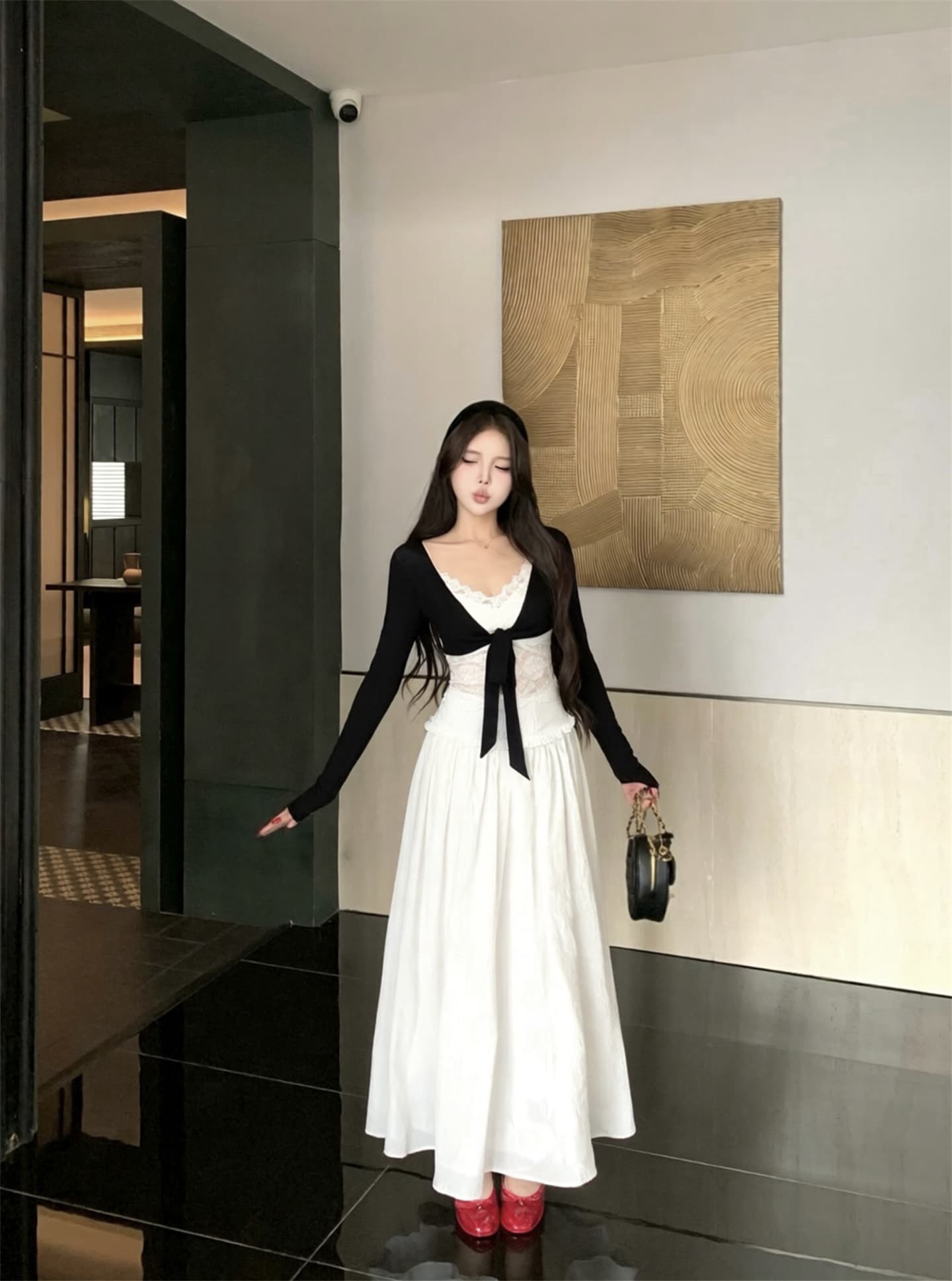 실사 이른 가을 프랑스식 고급 센스 품격 니트 오픈 가디건 캐미솔 반신 롱 스커트 세 조각 여성 세트 상세 이미지 9