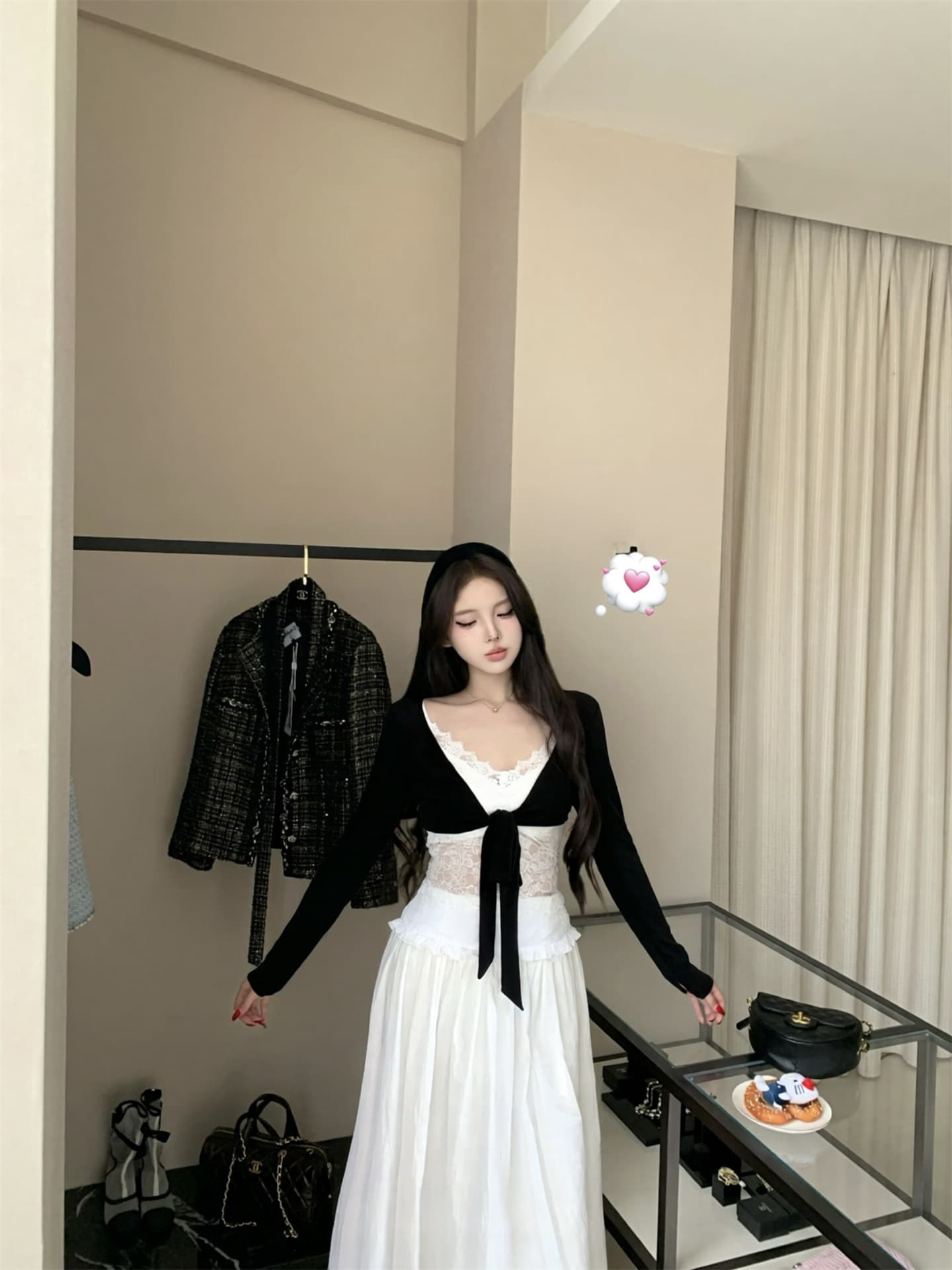 실사 이른 가을 프랑스식 고급 센스 품격 니트 오픈 가디건 캐미솔 반신 롱 스커트 세 조각 여성 세트 상세 이미지 10