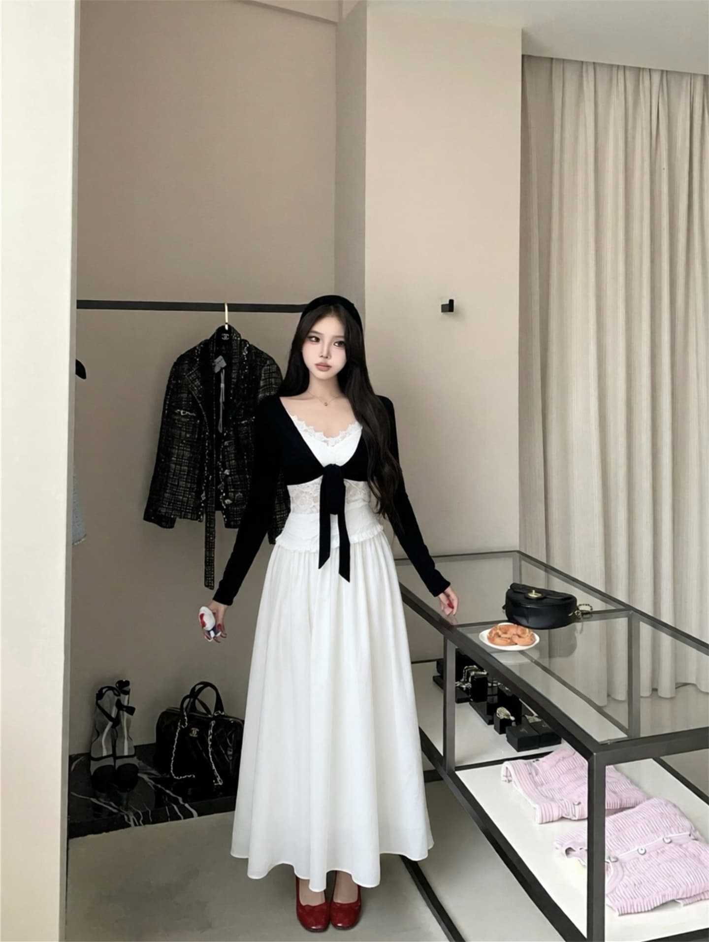 실사 이른 가을 프랑스식 고급 센스 품격 니트 오픈 가디건 캐미솔 반신 롱 스커트 세 조각 여성 세트 상세 이미지 13