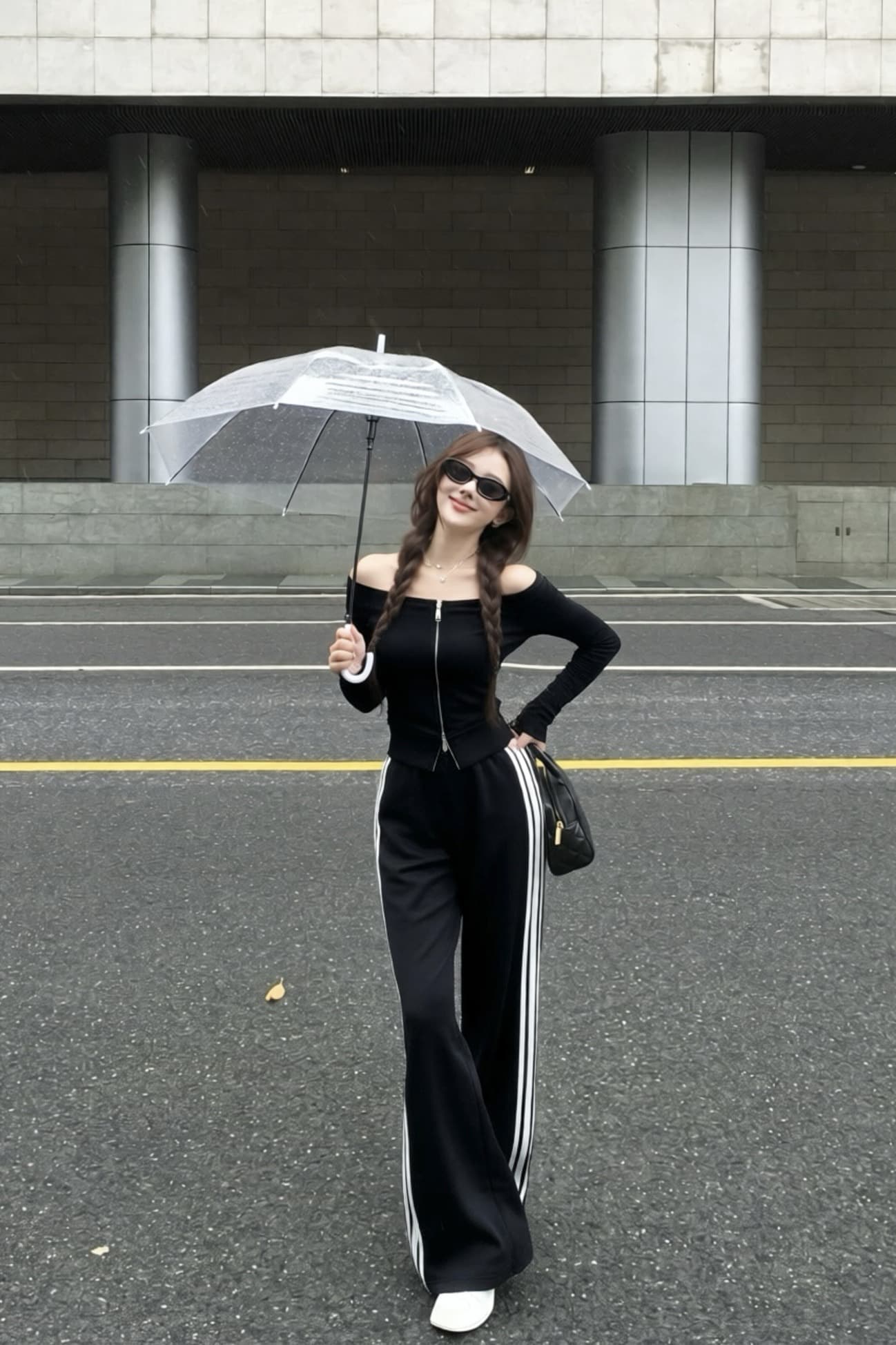 실사 이른 가을 품격 캐주얼 고급 빗질된 면 원사 오프숄더 지퍼 맨위 가져 가라. 바지 두 조각 여성 세트 이미지 6