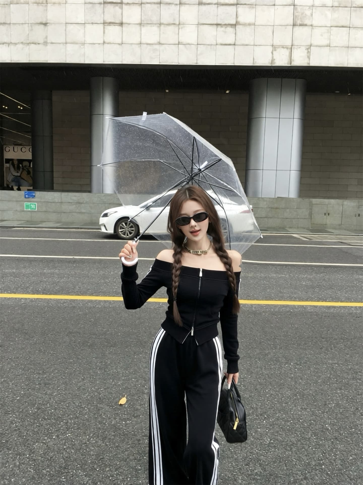 실사 이른 가을 품격 캐주얼 고급 빗질된 면 원사 오프숄더 지퍼 맨위 가져 가라. 바지 두 조각 여성 세트 상세 이미지 9