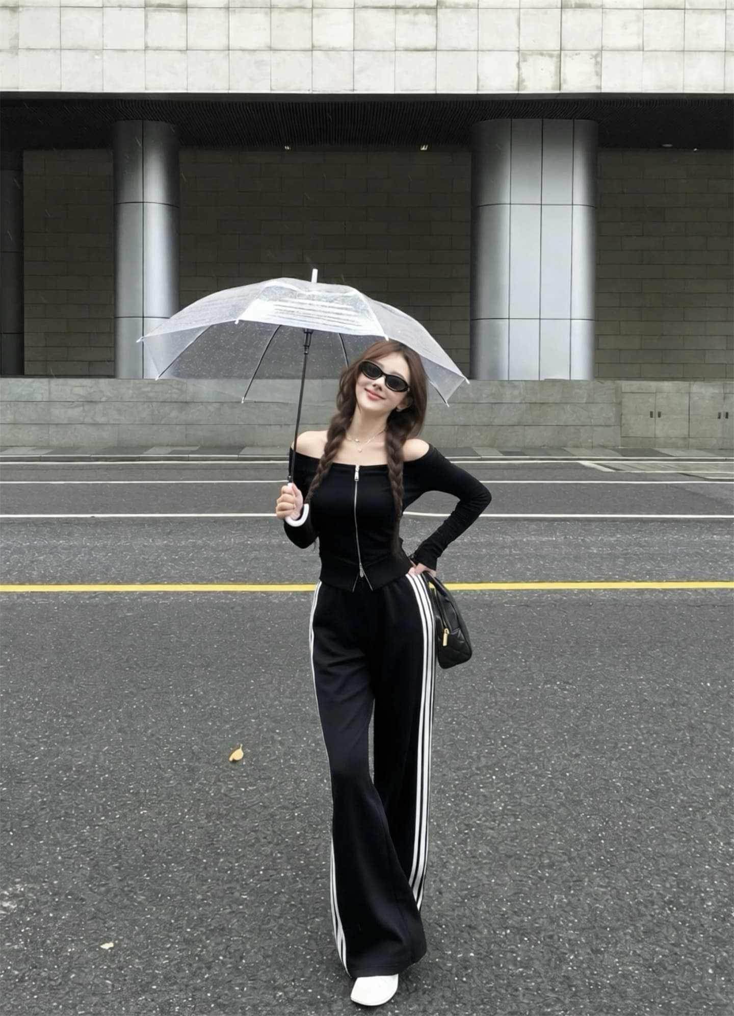 실사 이른 가을 품격 캐주얼 고급 빗질된 면 원사 오프숄더 지퍼 맨위 가져 가라. 바지 두 조각 여성 세트 상세 이미지 14