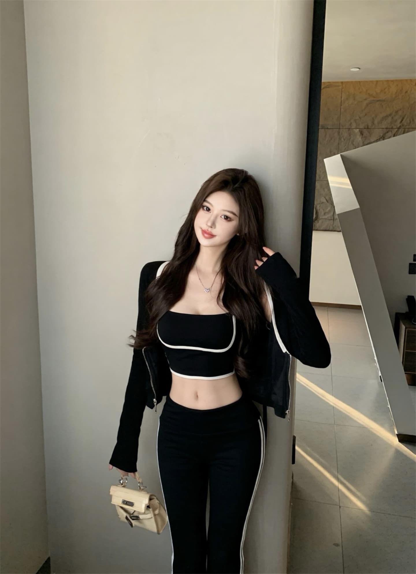 실사 이른 가을 핫걸 캐주얼 운동 세 조각 여성 세트 새로운 배색 오픈 가디건 슬립 캐주얼 바지 세트 상세 이미지 15