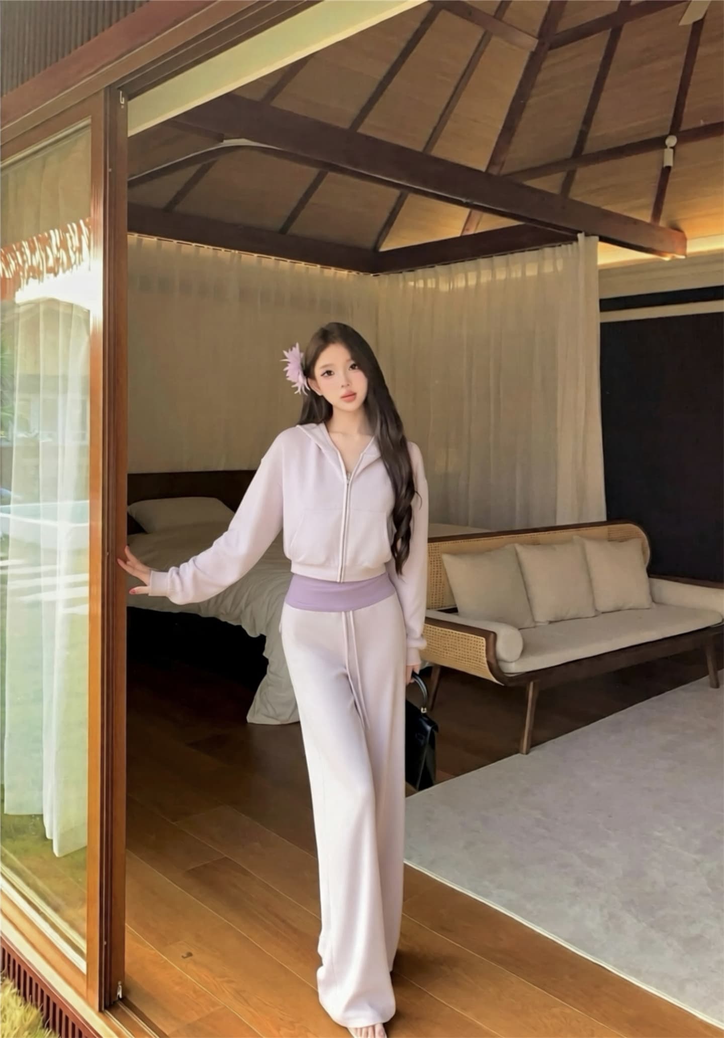 실사 이른 가을 모달 면 4 가지 색상 후드 티 스웨터 여성 가을 캐미솔 캐주얼 바지 만 가져 가라. 세트 그룹 이미지 4