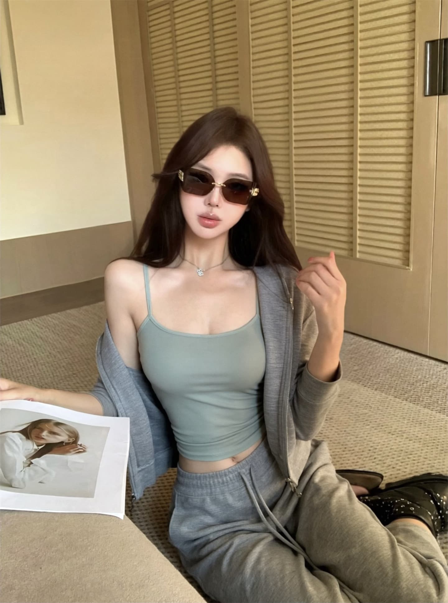 실사 이른 가을 모달 면 4 가지 색상 후드 티 스웨터 여성 가을 캐미솔 캐주얼 바지 만 가져 가라. 세트 그룹 상세 이미지 14
