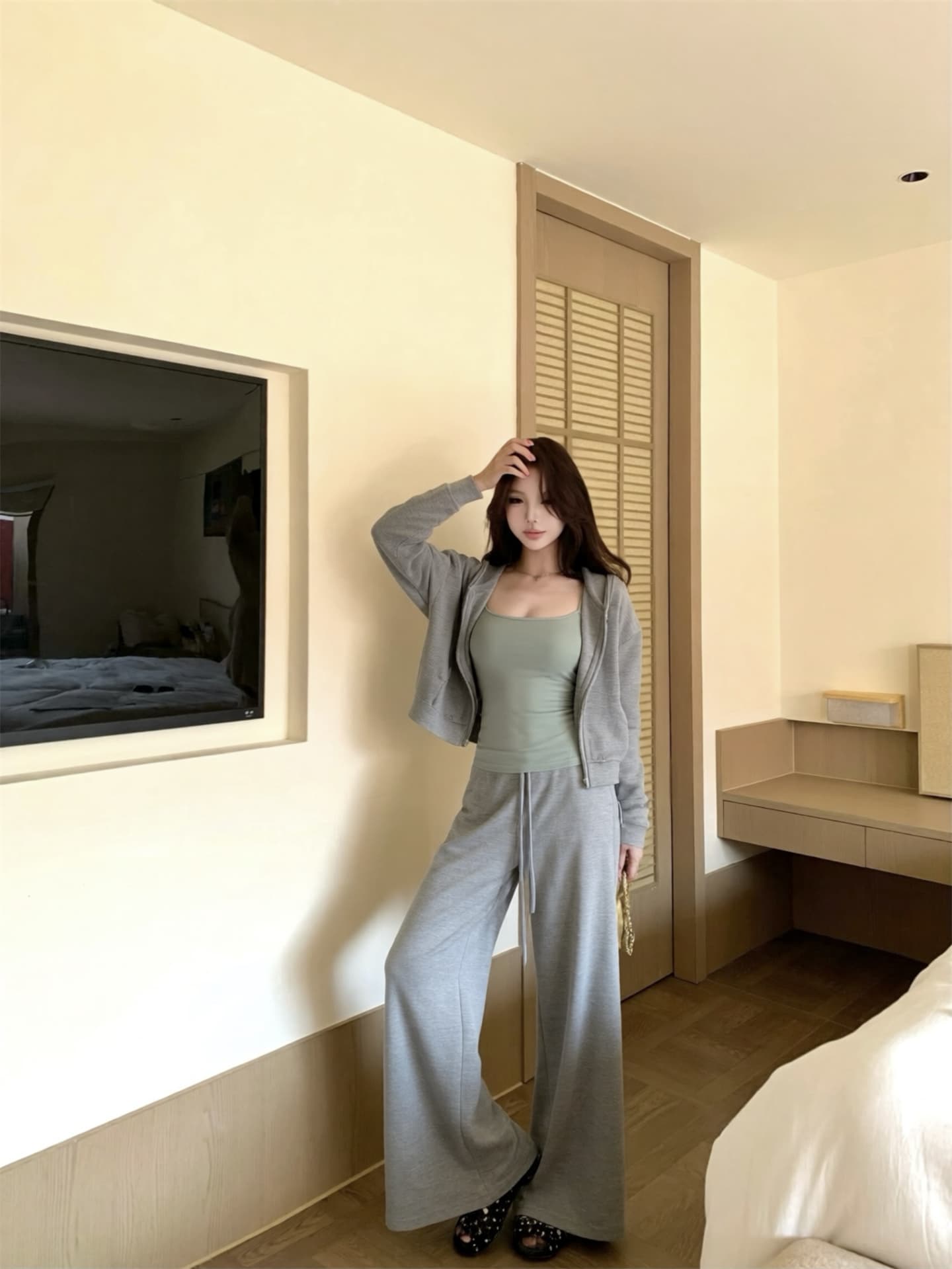 실사 이른 가을 모달 면 4 가지 색상 후드 티 스웨터 여성 가을 캐미솔 캐주얼 바지 만 가져 가라. 세트 그룹 상세 이미지 16