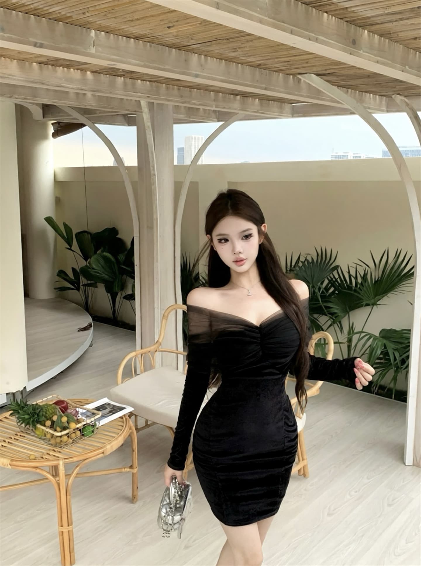 실사 가을 겨울 순수한 욕망 레이스 벨벳 여성 드레스 핫걸 오프숄더 만나는 허리 수축 섹시함 타이트 스커트 치마 상세 이미지 3