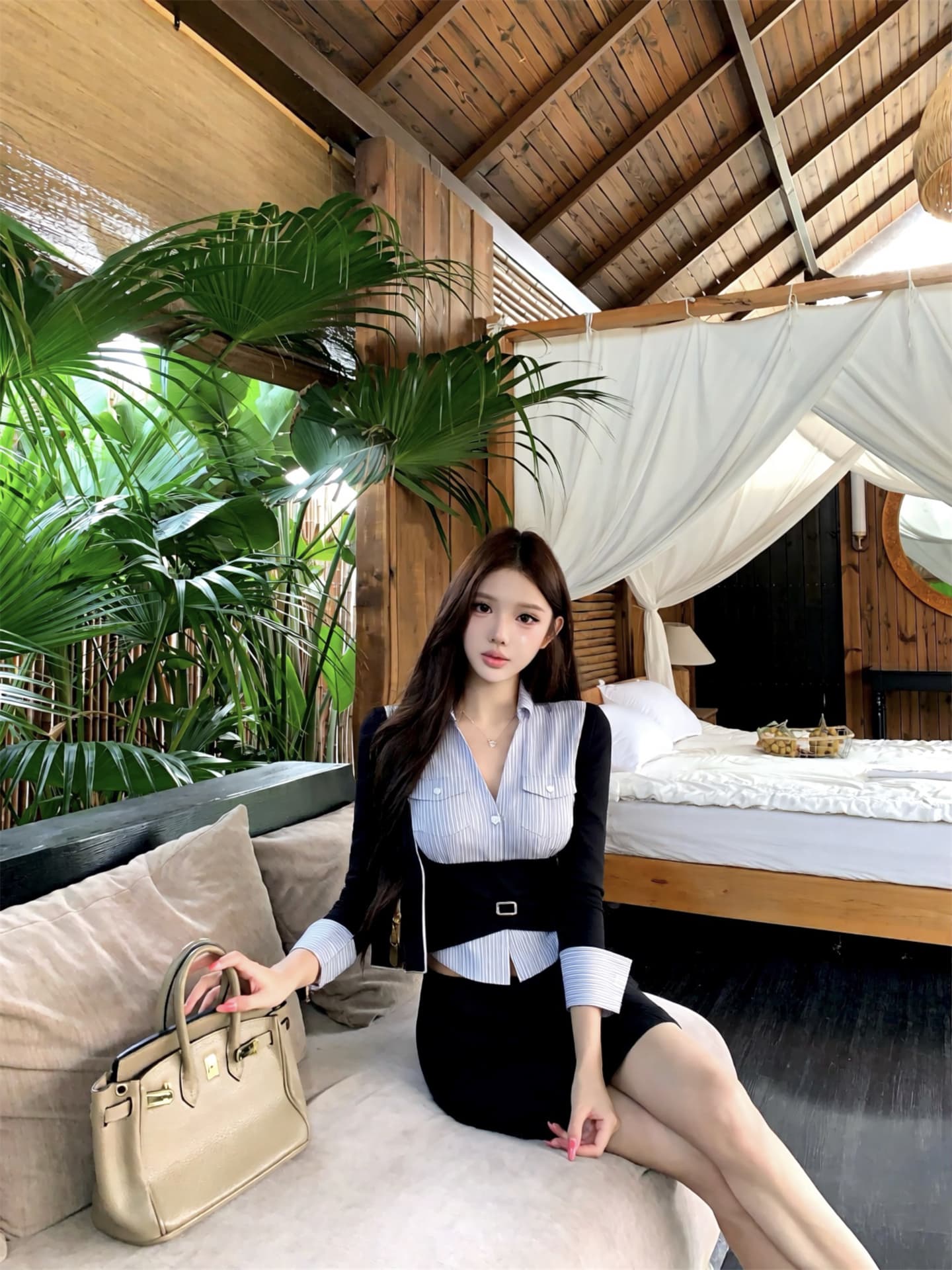 실사 이른 가을 한 부서 페이크 레이어드 패치워크 셔츠 타이트 스커트 미니 스커트 여성 핫걸 몸매 가꾸기 품격 투피스 세트 상세 이미지 3