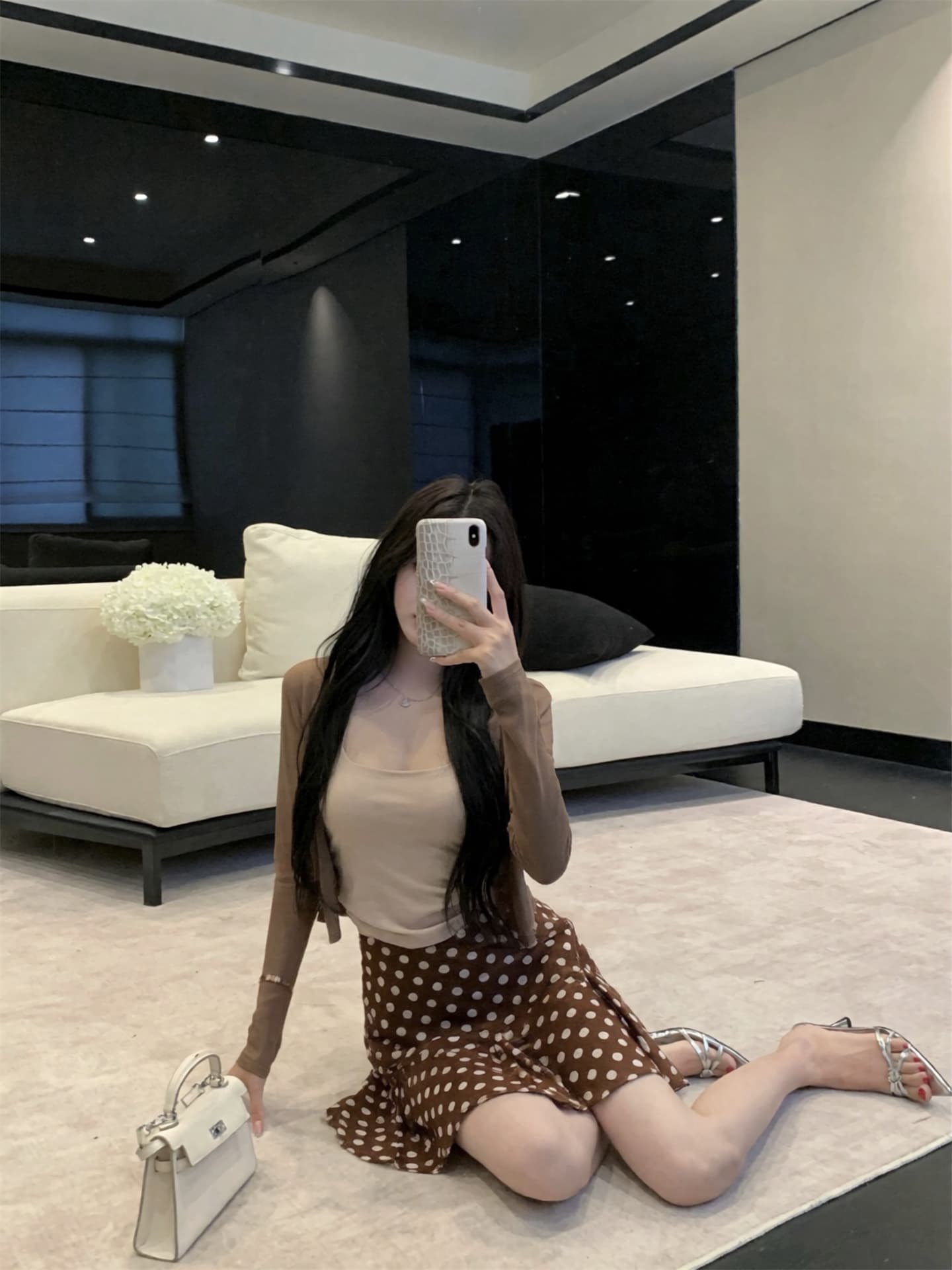 실사 이른 가을 새로운 행침 목 아름다움 뒤로 자외선 차단 오픈 가디건 브라운 도트 무늬 타이트 스커트 인어 꼬리 스커트 세 조각 여성 세트 상세 이미지 8