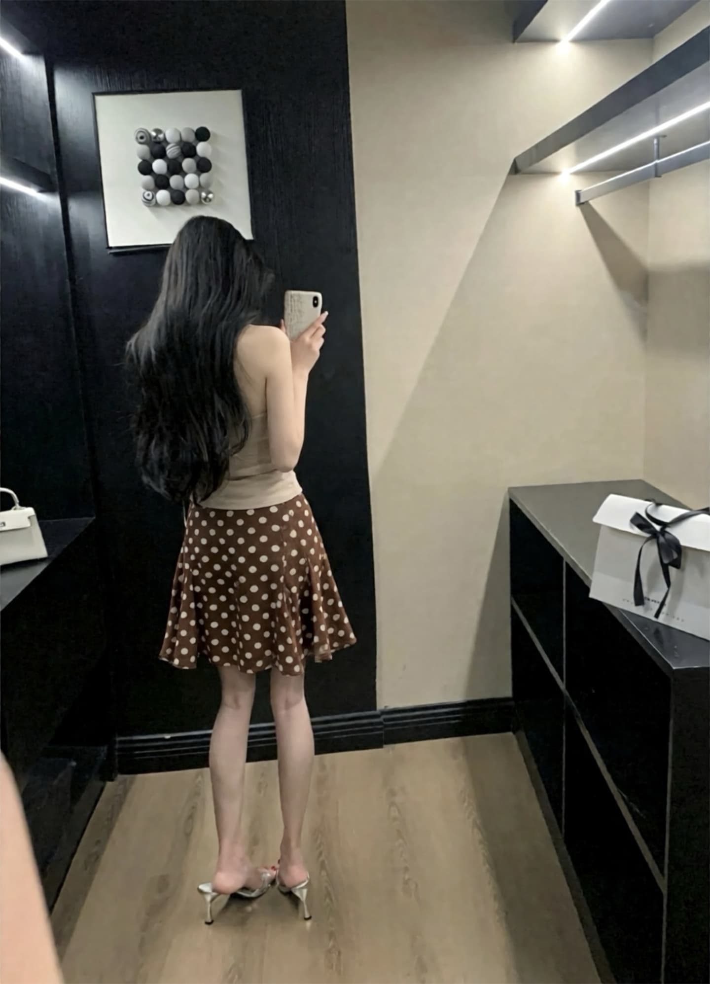 실사 이른 가을 새로운 행침 목 아름다움 뒤로 자외선 차단 오픈 가디건 브라운 도트 무늬 타이트 스커트 인어 꼬리 스커트 세 조각 여성 세트 상세 이미지 10