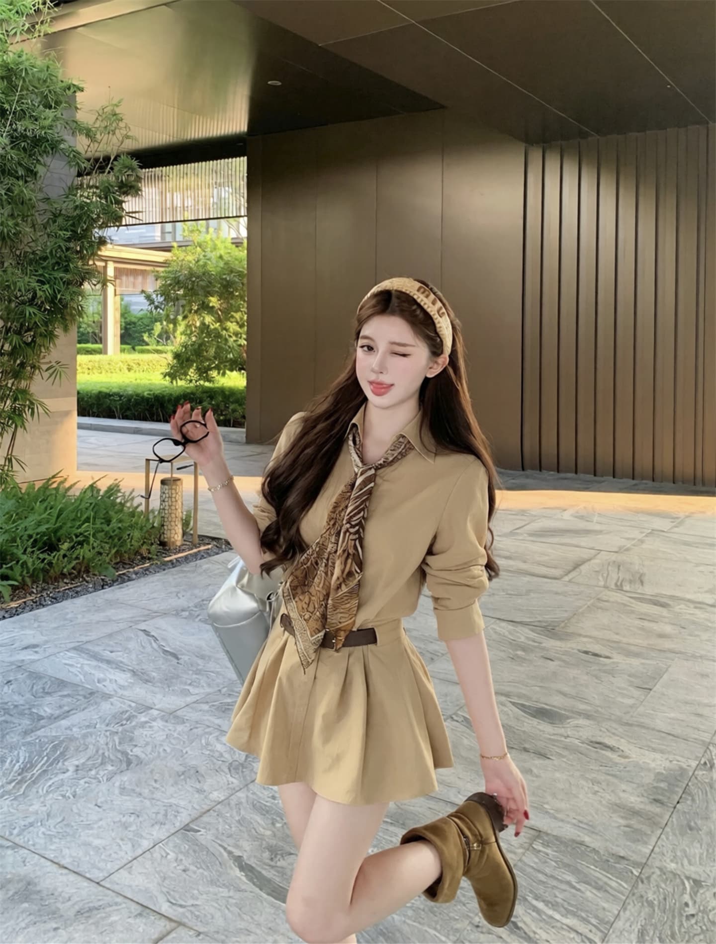 실사 이른 가을 폴로 칼라 허리 수축 셔츠 여성 드레스 새로운 한 부서 품격 미니 스커트 경기 스카프 벨트