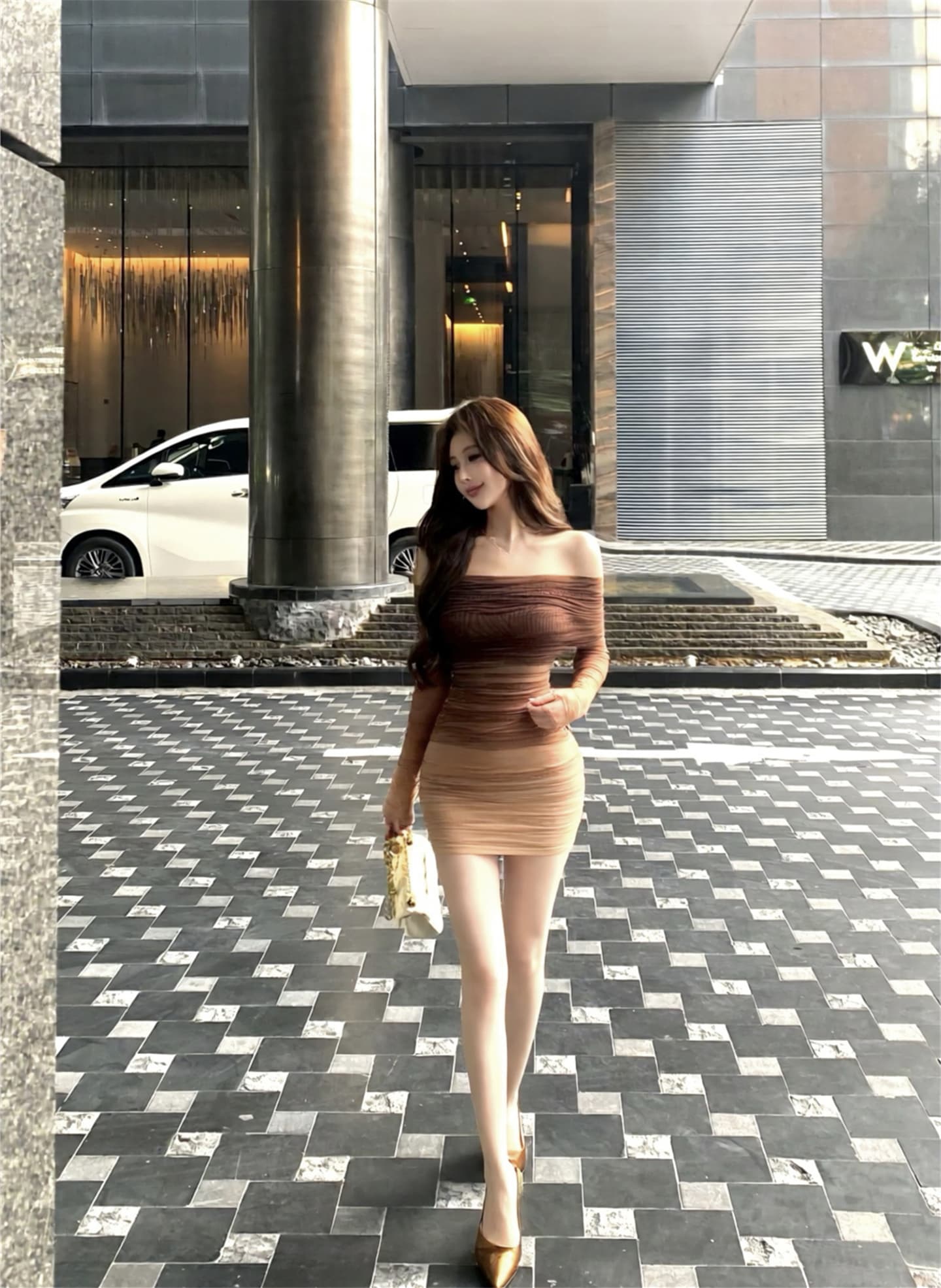 실사 이른 가을 새로운 맞춤 그라데이션 망사 주름 여성 드레스 몸매 가꾸기 오프숄더 타이트 스커트 미니 스커트 이미지 2
