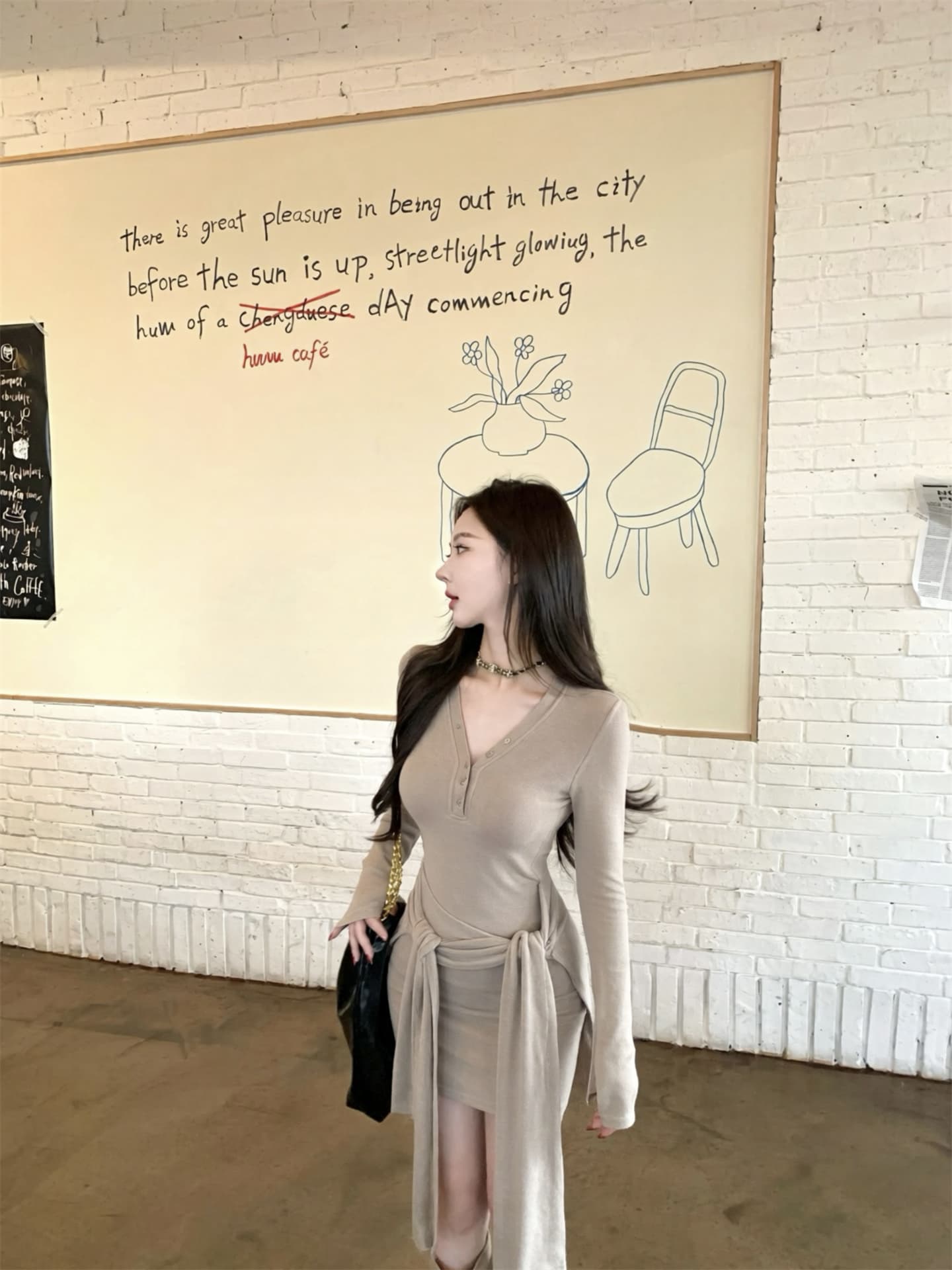 실사 이른 가을 새로운 고독한 허리 엉덩이 ~보다 벨트 가슴 패드 순수한 욕망 바람 페이크 레이어드 스트랩 여성 드레스 상세 이미지 8