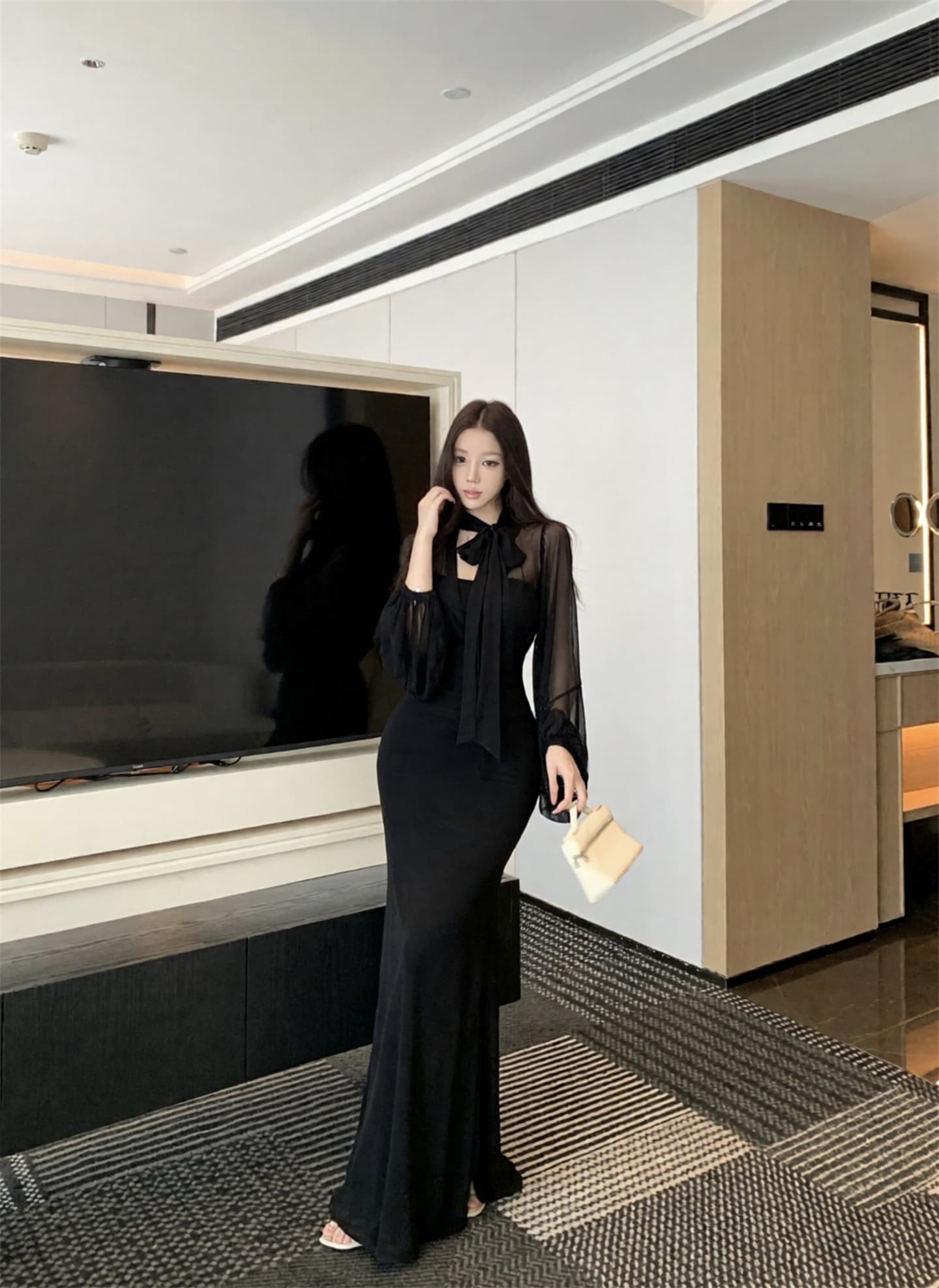 실사 이른 가을 새로운 프랑스식 부드러운 바람 리본 칼라 셔츠 가져 가라. 품격 튜브탑 롱 스커트 두 조각 여성 세트 이미지 2