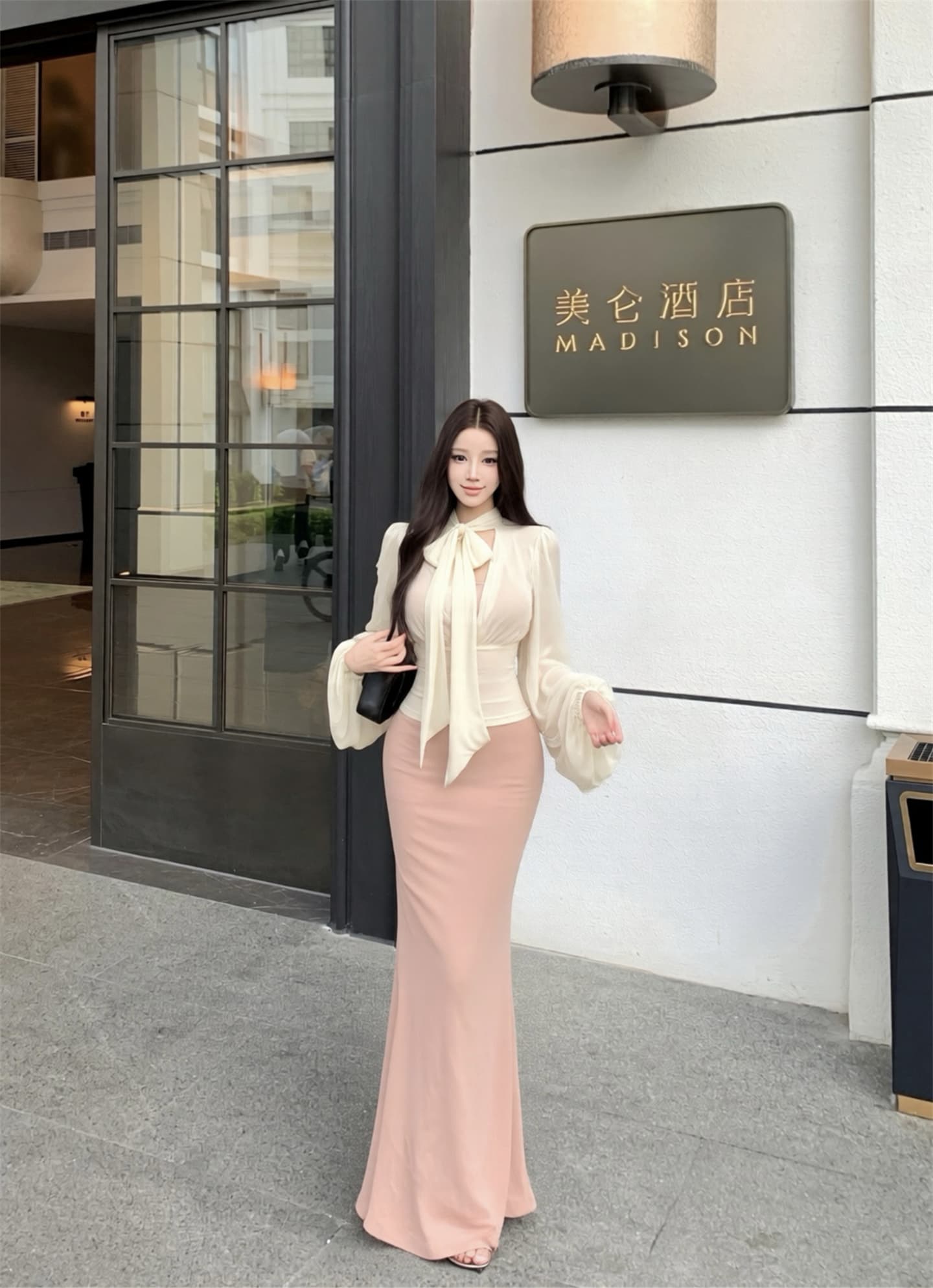 실사 이른 가을 새로운 프랑스식 부드러운 바람 리본 칼라 셔츠 가져 가라. 품격 튜브탑 롱 스커트 두 조각 여성 세트 상세 이미지 4