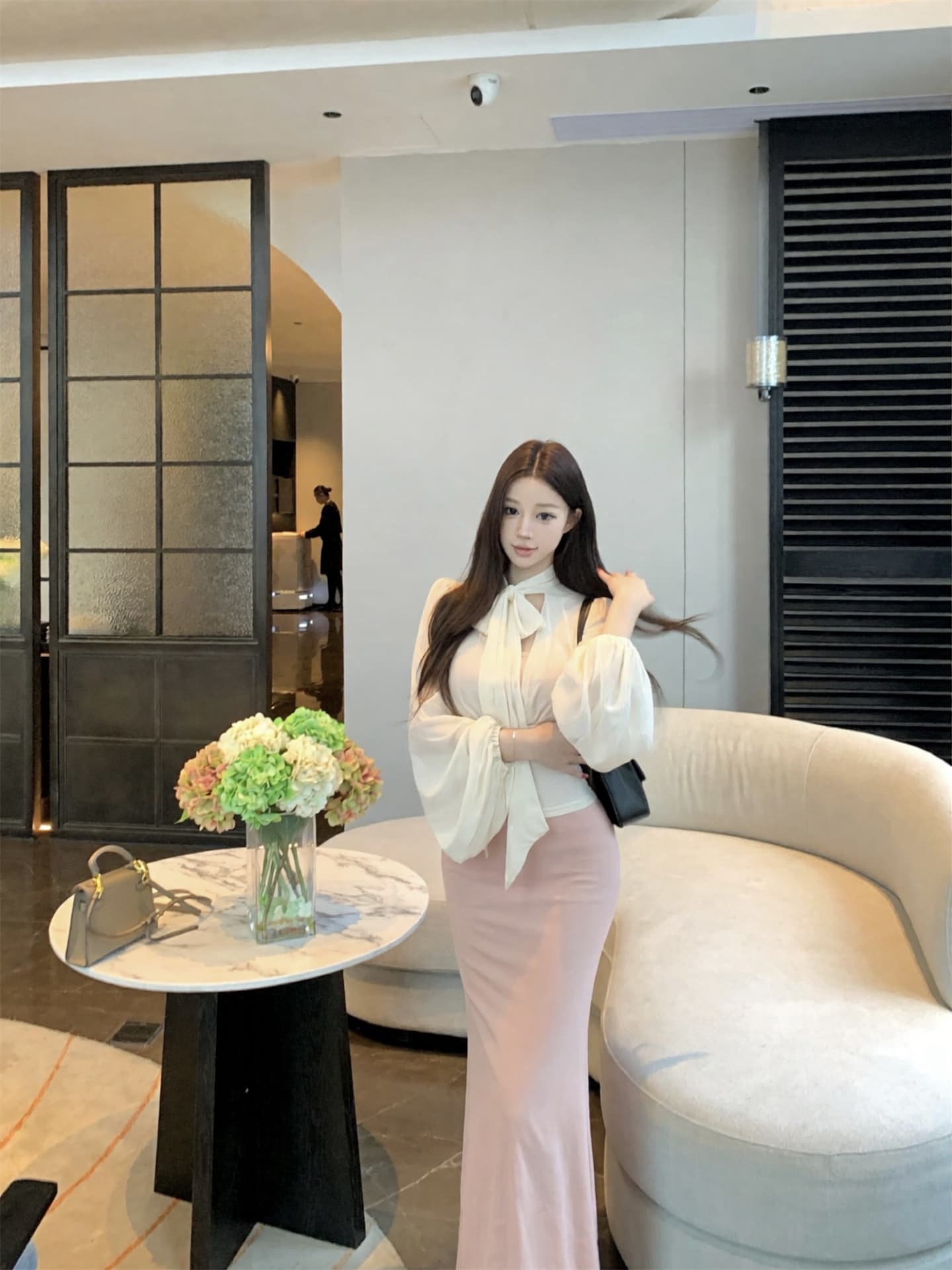 실사 이른 가을 새로운 프랑스식 부드러운 바람 리본 칼라 셔츠 가져 가라. 품격 튜브탑 롱 스커트 두 조각 여성 세트 상세 이미지 7