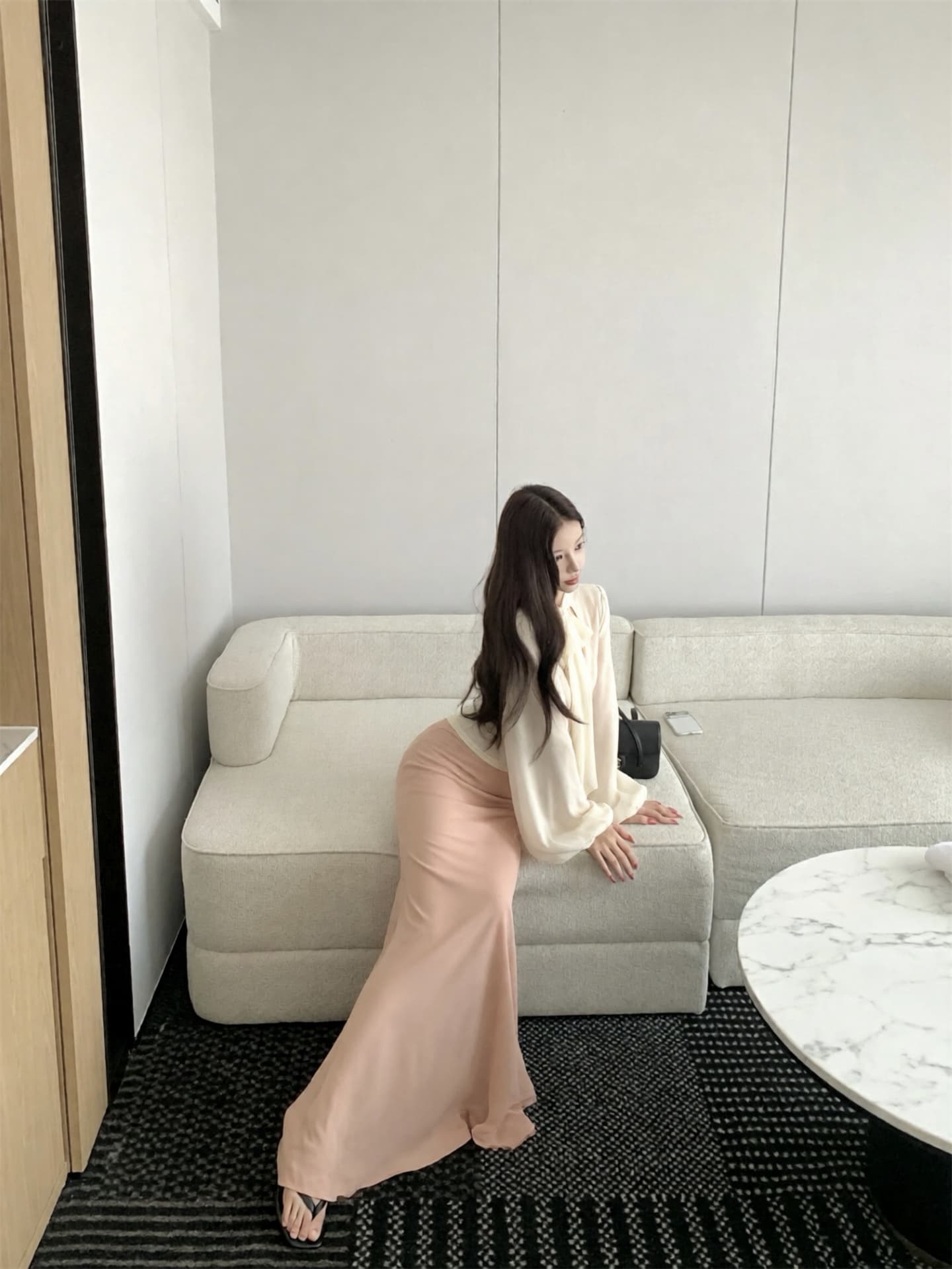 실사 이른 가을 새로운 프랑스식 부드러운 바람 리본 칼라 셔츠 가져 가라. 품격 튜브탑 롱 스커트 두 조각 여성 세트 상세 이미지 8