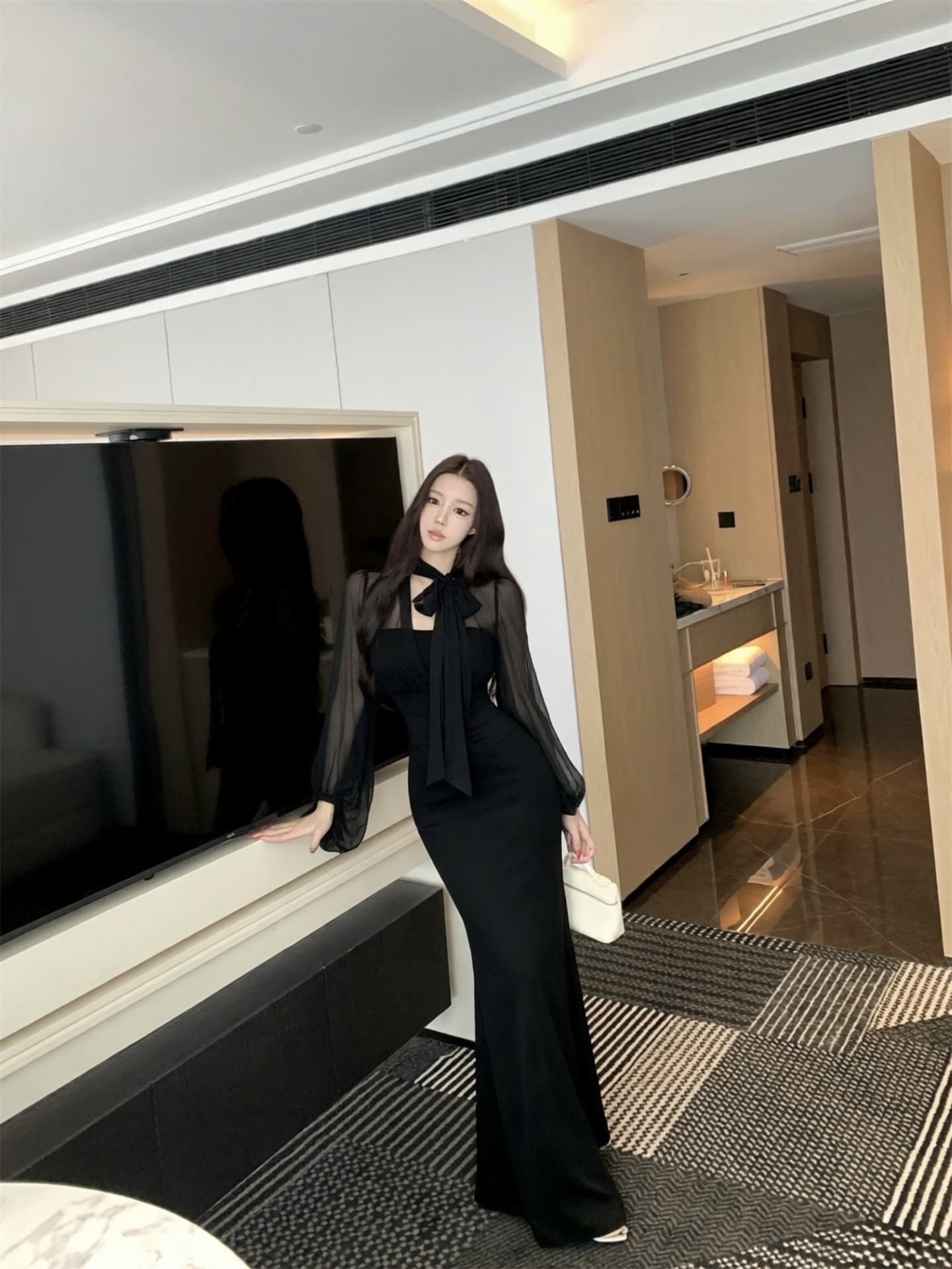 실사 이른 가을 새로운 프랑스식 부드러운 바람 리본 칼라 셔츠 가져 가라. 품격 튜브탑 롱 스커트 두 조각 여성 세트 상세 이미지 24