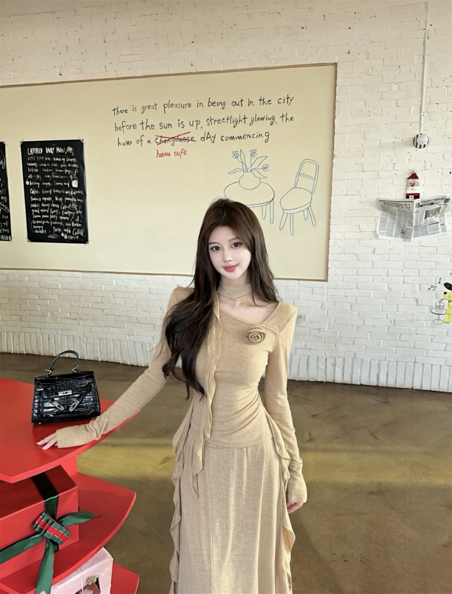 실사 이른 가을 새로운 프랑스식 고급 센스 긴팔 주름 허리 수축 니트 맨위 반신 롱 스커트 투피스 세트 이미지 2