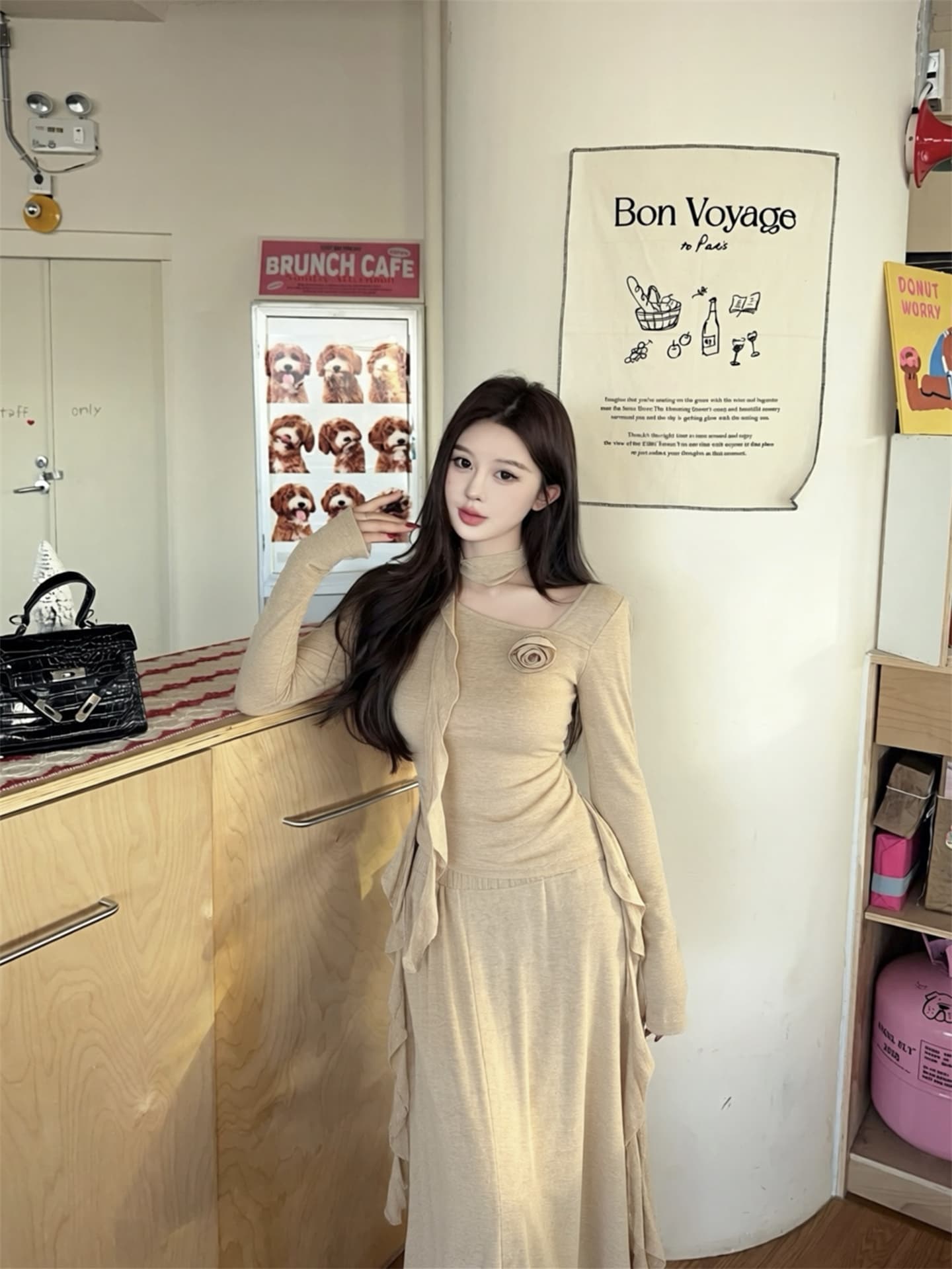 실사 이른 가을 새로운 프랑스식 고급 센스 긴팔 주름 허리 수축 니트 맨위 반신 롱 스커트 투피스 세트 이미지 3