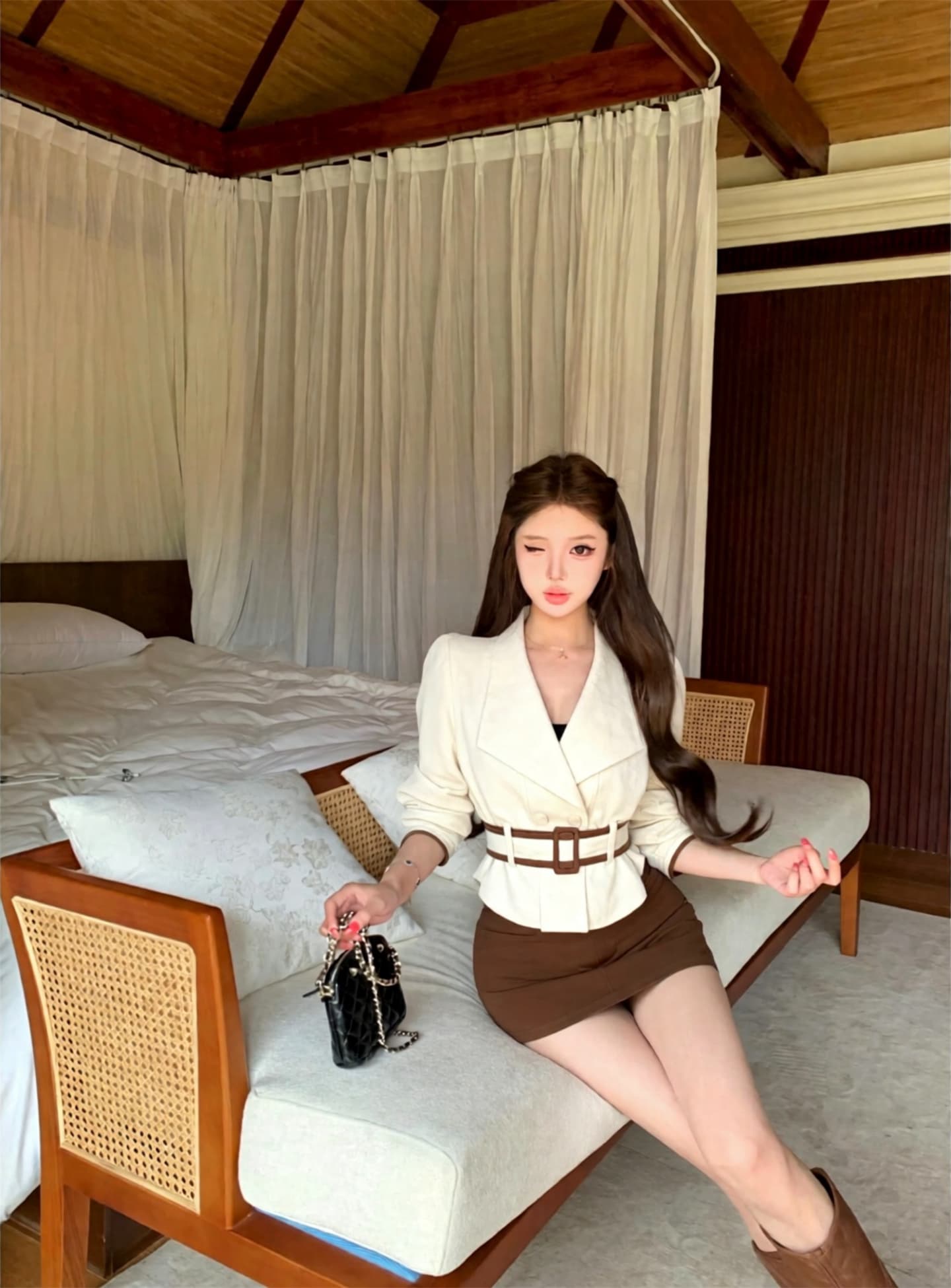 실사 가을 겨울 새로운 프로필 모양 이중 버튼 하이웨이스트 라이 경기 서울 짧은 외투 미니 스커트 고급 센스 두 조각 여성 세트 상세 이미지 2