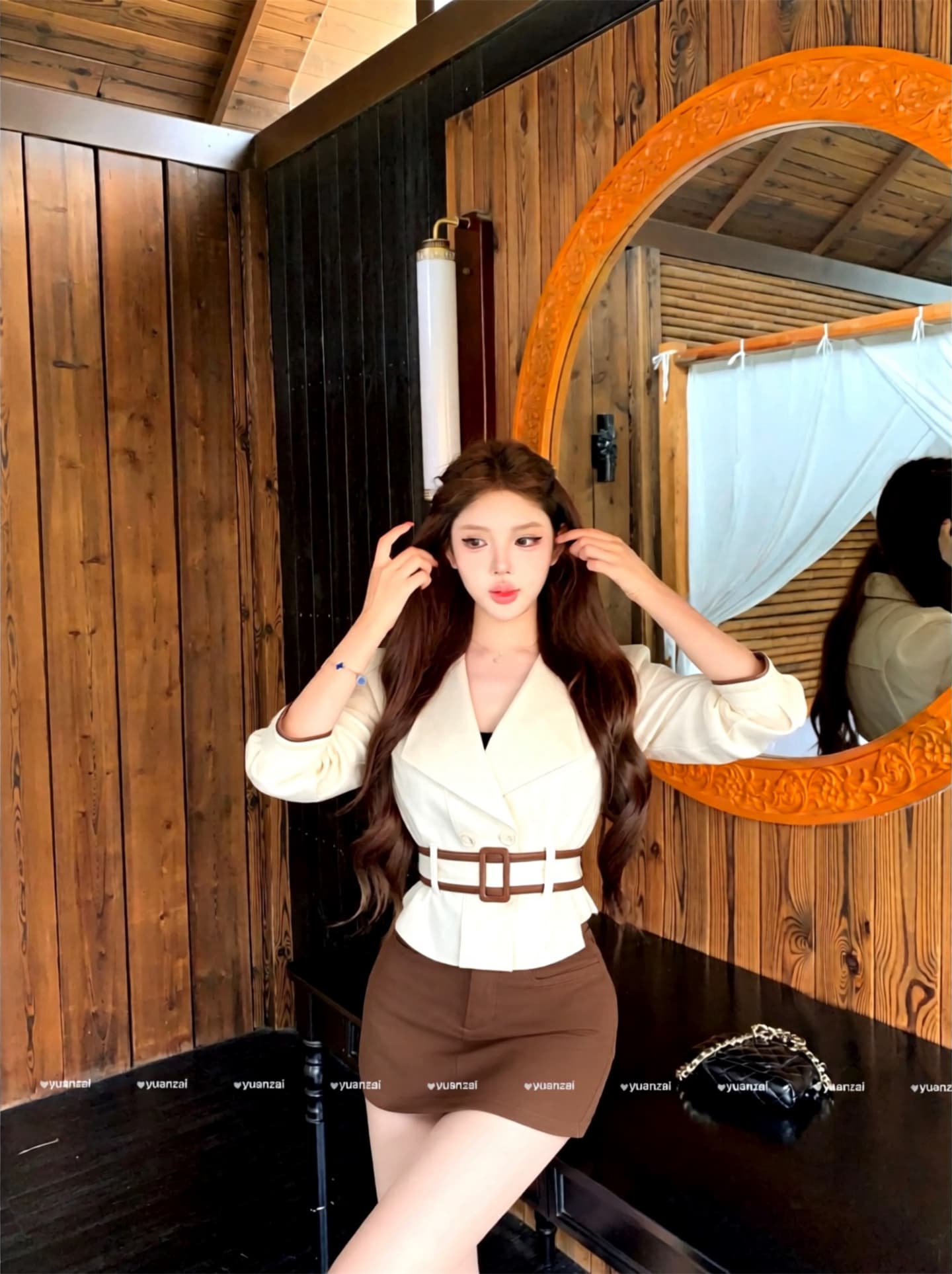 실사 가을 겨울 새로운 프로필 모양 이중 버튼 하이웨이스트 라이 경기 서울 짧은 외투 미니 스커트 고급 센스 두 조각 여성 세트 상세 이미지 9