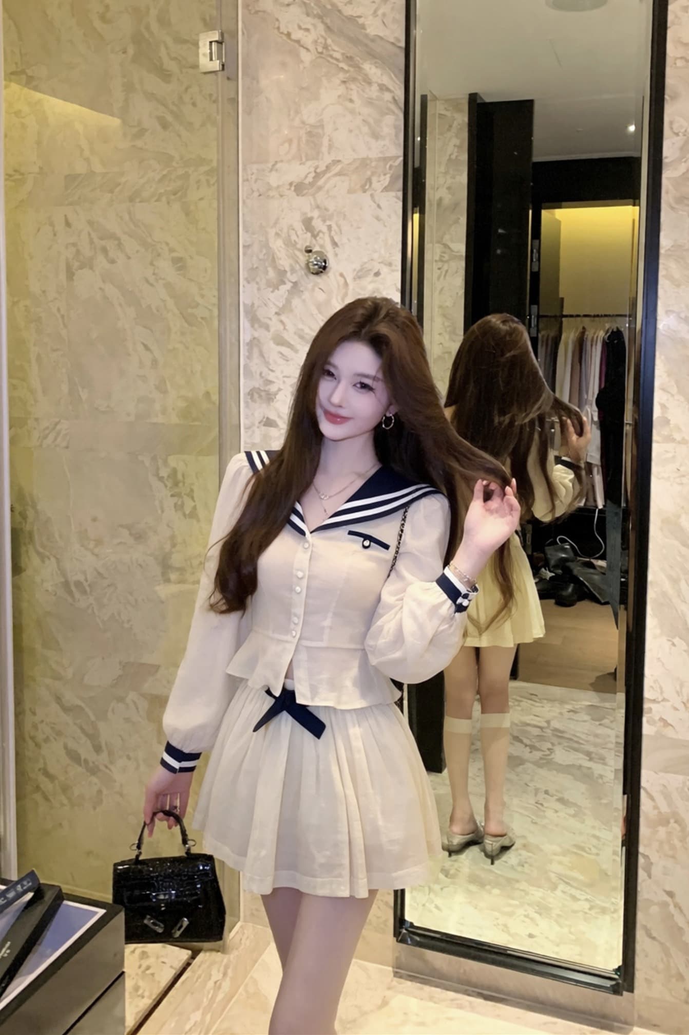 실사 이른 가을 해안 예비 학생 라미 라이 경기 서울 배색 해군 스타일 셔츠 벨트 반 스커트 세트 이미지 6