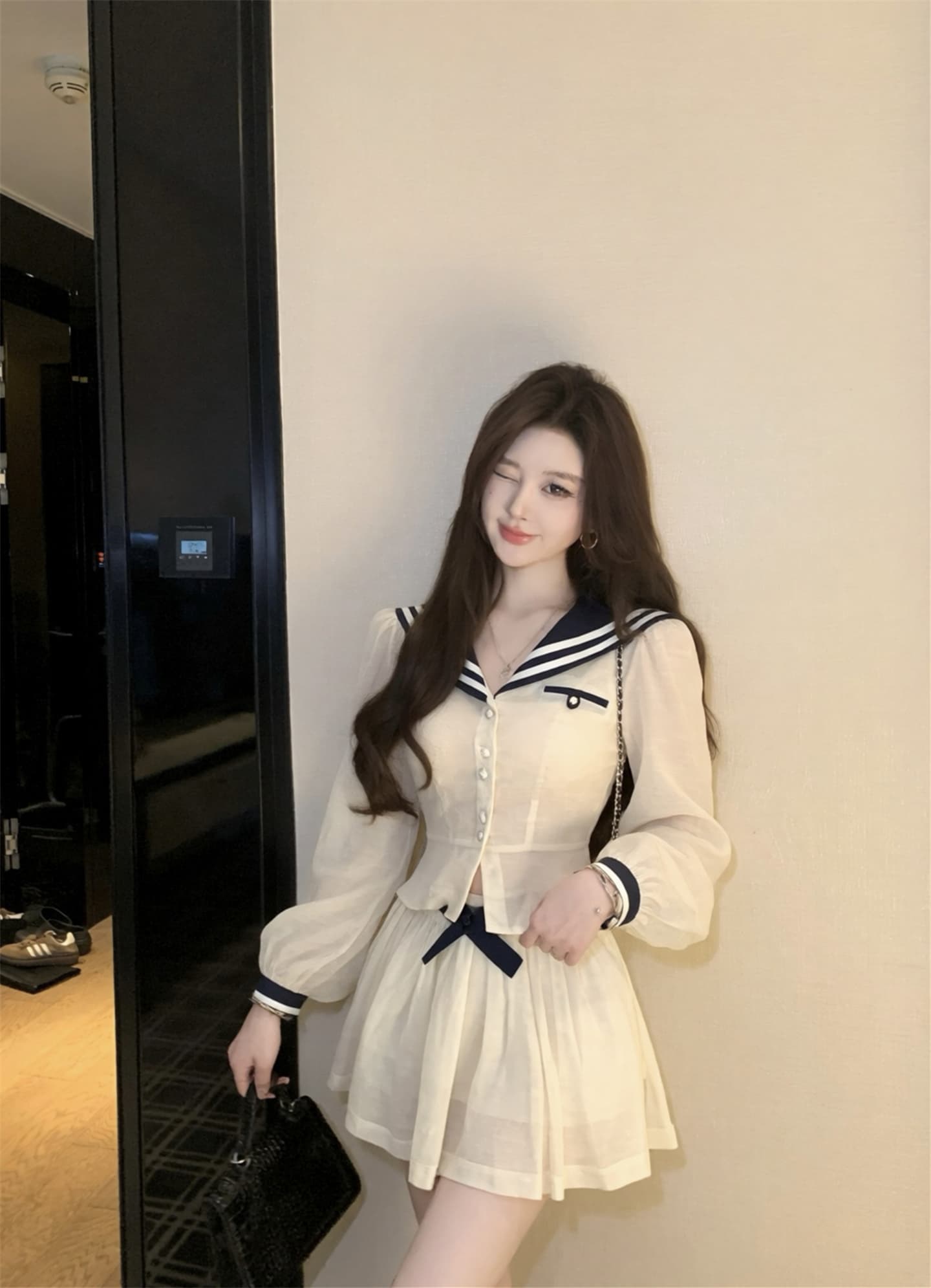 실사 이른 가을 해안 예비 학생 라미 라이 경기 서울 배색 해군 스타일 셔츠 벨트 반 스커트 세트 상세 이미지 10