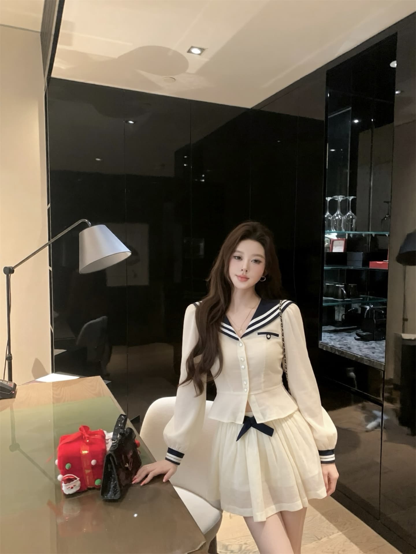 실사 이른 가을 해안 예비 학생 라미 라이 경기 서울 배색 해군 스타일 셔츠 벨트 반 스커트 세트 상세 이미지 11