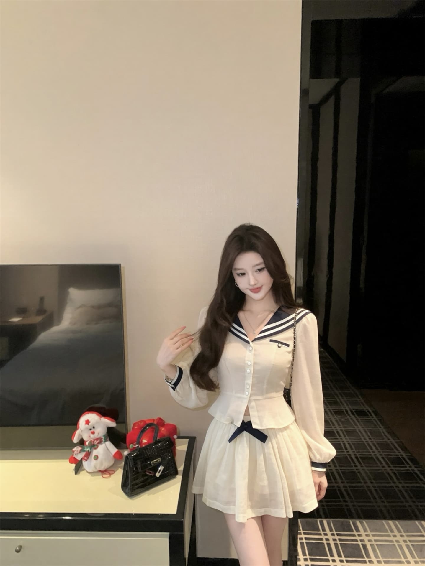 실사 이른 가을 해안 예비 학생 라미 라이 경기 서울 배색 해군 스타일 셔츠 벨트 반 스커트 세트 상세 이미지 12