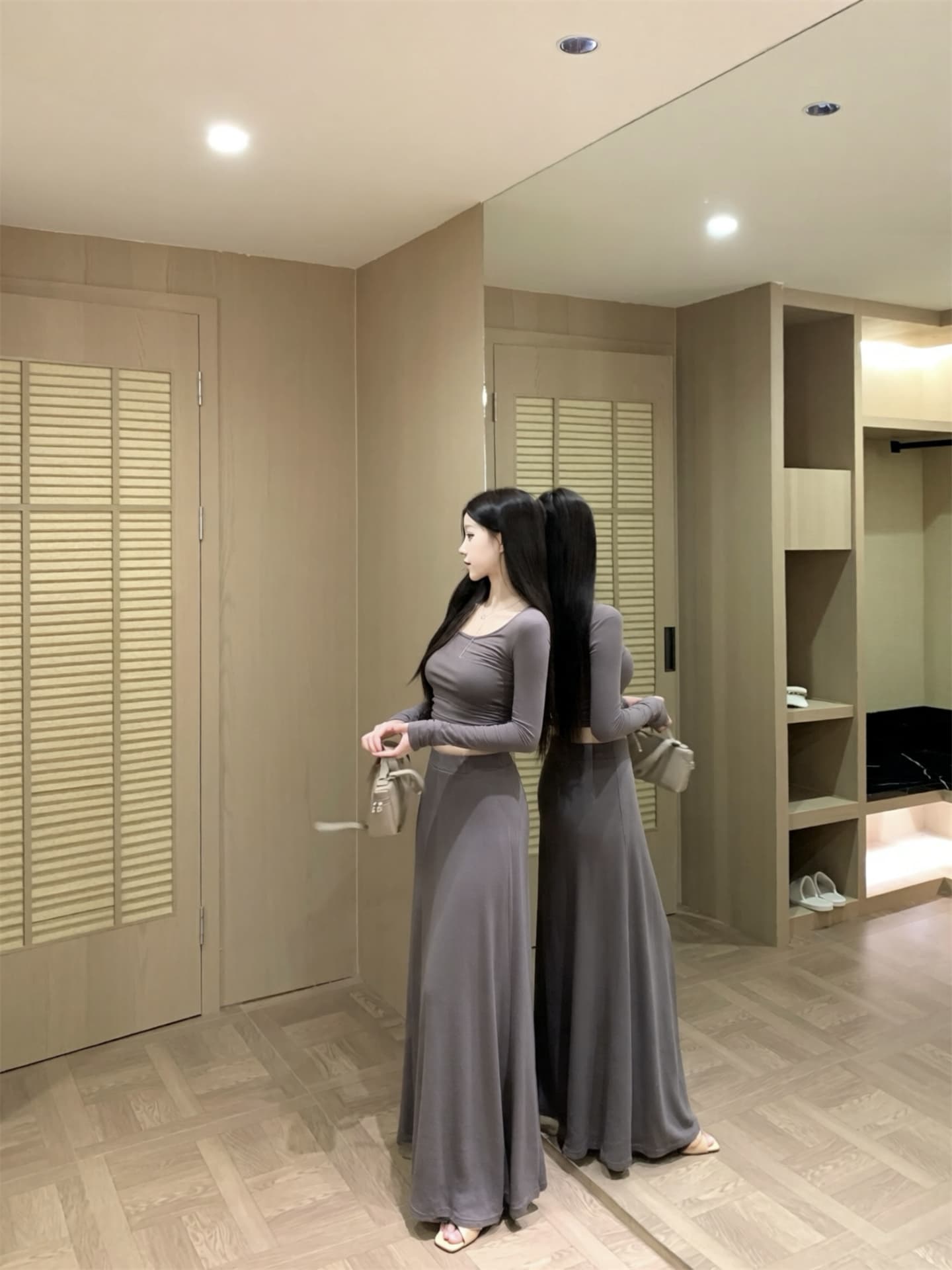 실사 이른 가을 새로운 u 칼라 몸매 가꾸기 이슬 허리 티셔츠 맨위 한 마디 도루 센스 반신 스커트 가스 질감 투피스 슈트 상세 이미지 13