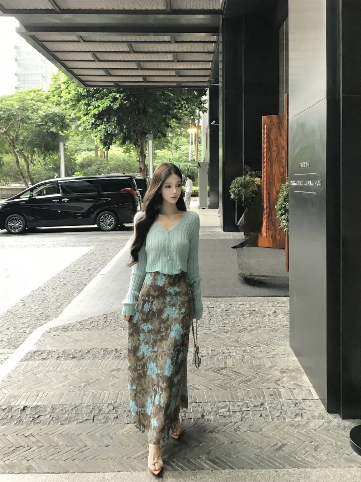 실사 이른 가을 새로운 한 부서 착용 가져 가라. 모피 니트 오픈 가디건 맨위 꽃무늬 반신 롱 스커트 두 조각 여성 세트 상세 이미지 4