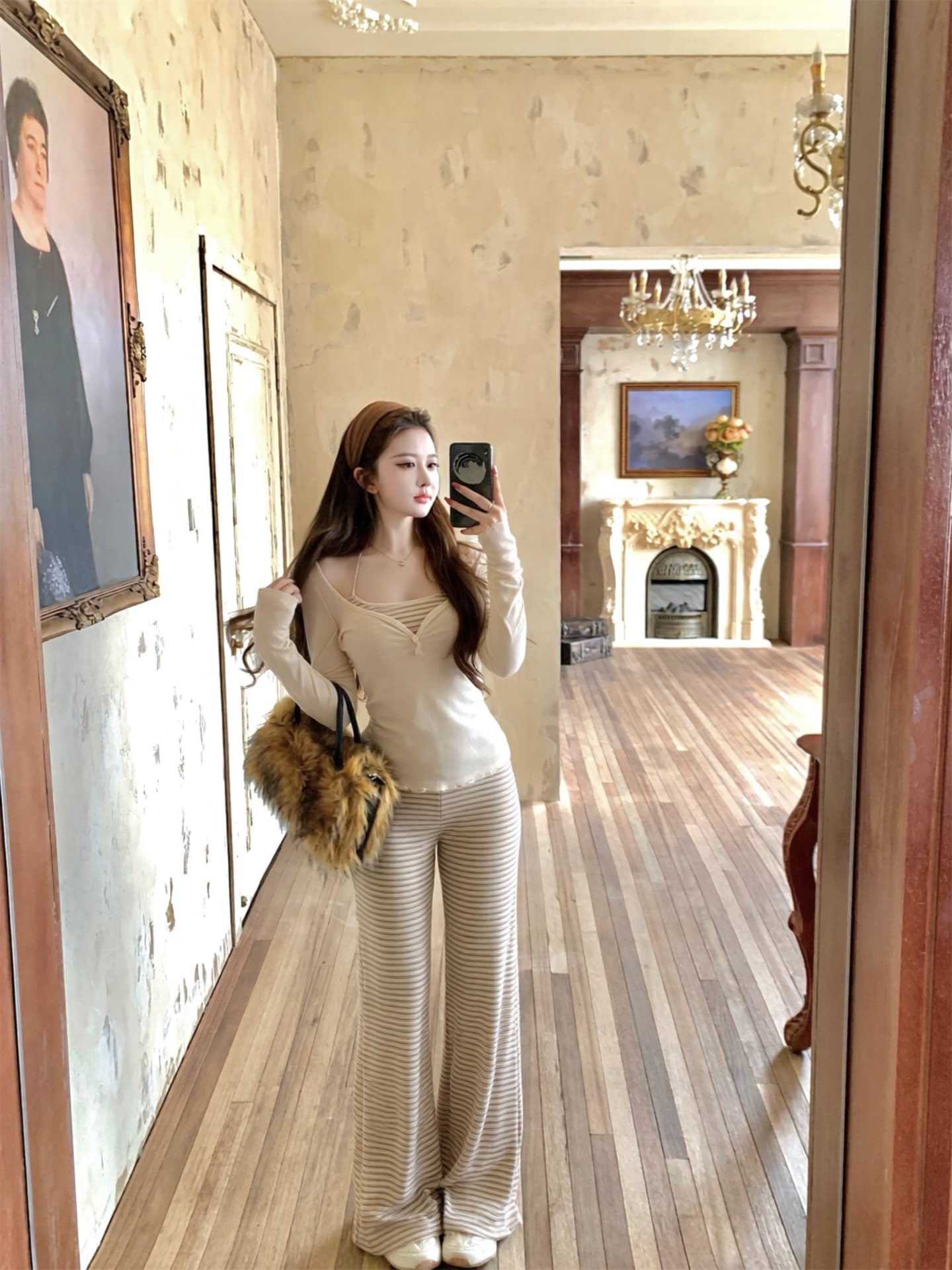 실사 이른 가을 새로운 스트라이프 슬립 외부 가져 가라. 티셔츠 캐주얼 바지 여성 느긋한 바람 스택 입 가져 가라. 3종 세트 상세 이미지 3