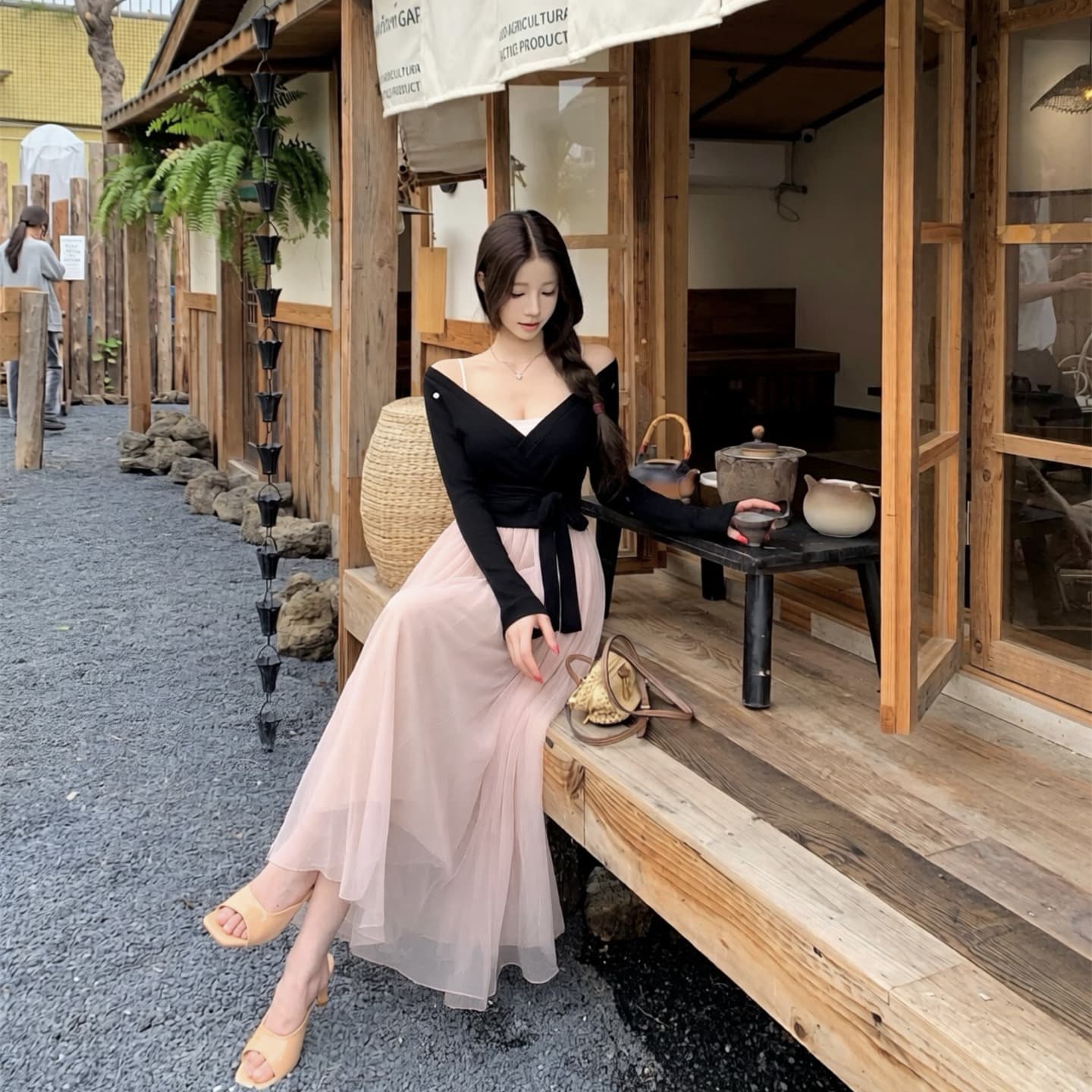 실사 이른 가을 새로운 Jiao 예쁜 발레 스트랩 니트 오픈 가디건 발레 망사 패치워크 드레스 투피스 세트 이미지 5