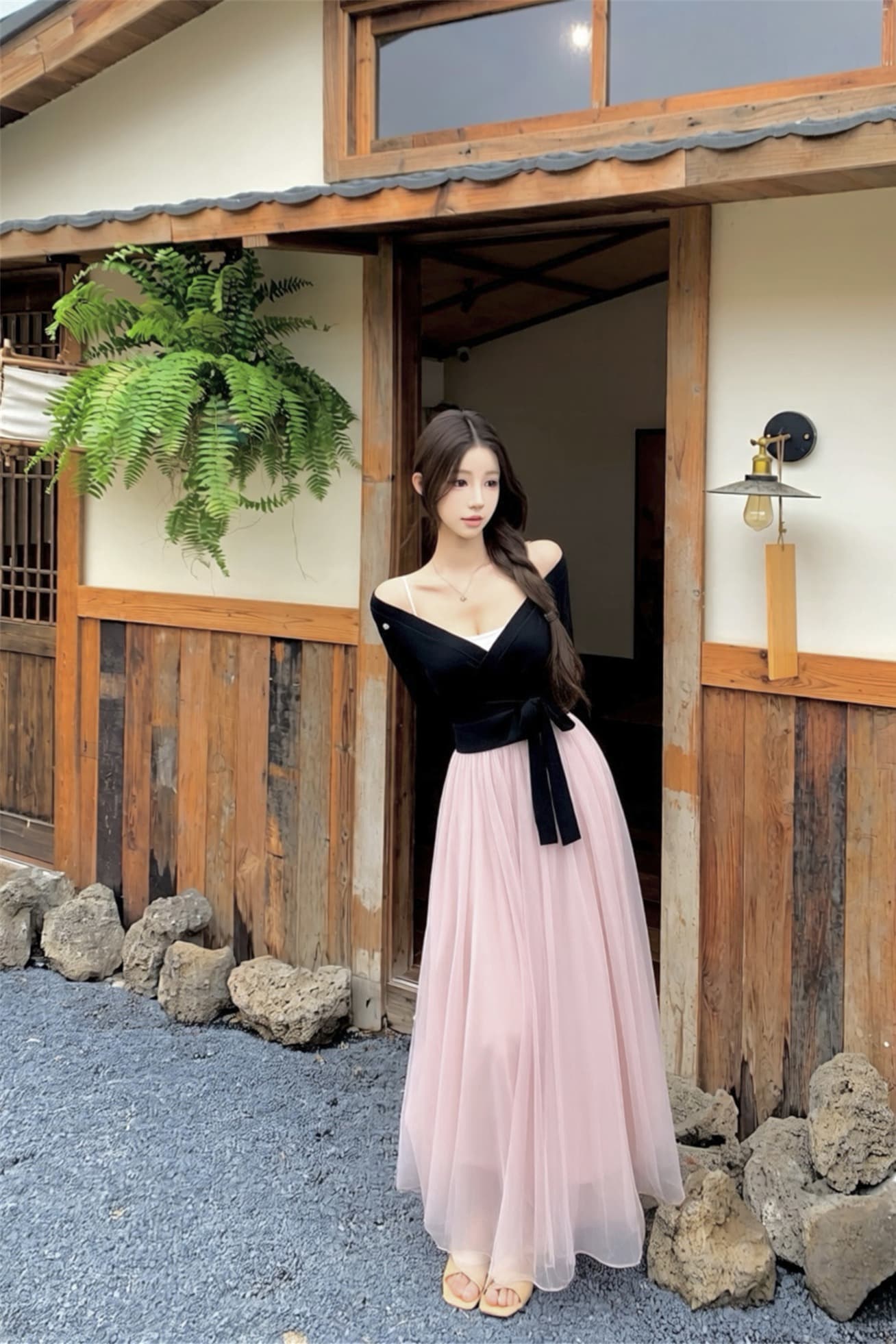 실사 이른 가을 새로운 Jiao 예쁜 발레 스트랩 니트 오픈 가디건 발레 망사 패치워크 드레스 투피스 세트 이미지 6