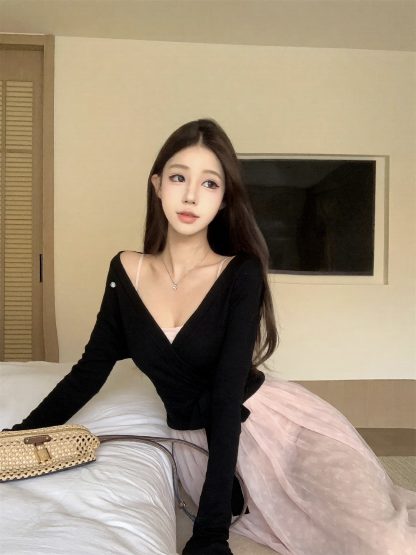 실사 이른 가을 새로운 Jiao 예쁜 발레 스트랩 니트 오픈 가디건 발레 망사 패치워크 드레스 투피스 세트 상세 이미지 1