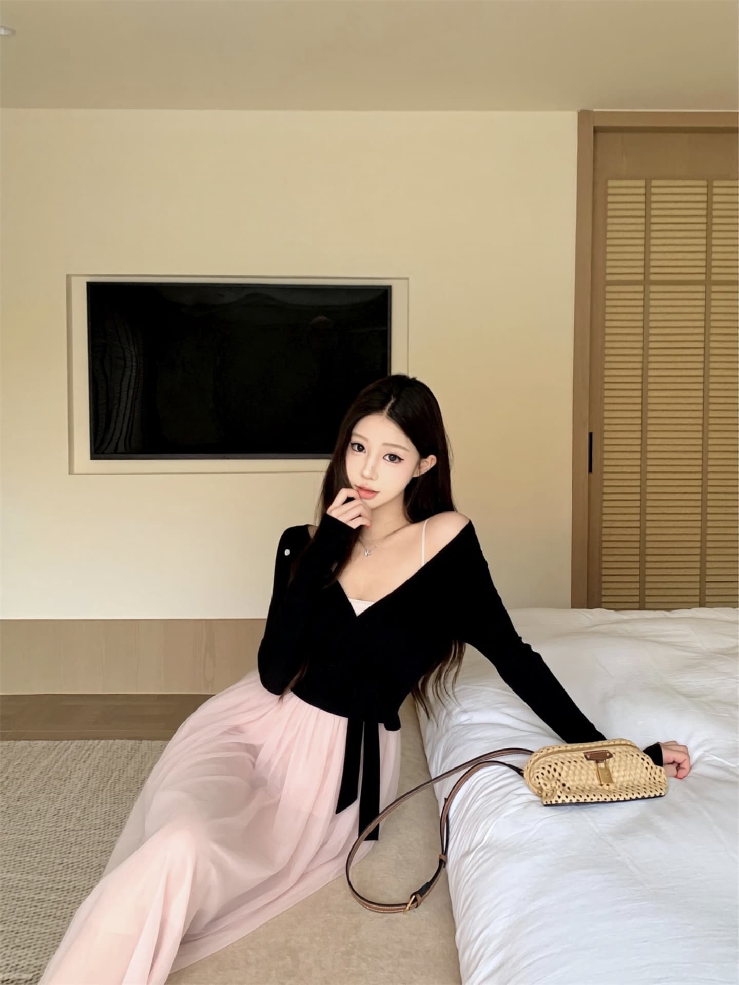 실사 이른 가을 새로운 Jiao 예쁜 발레 스트랩 니트 오픈 가디건 발레 망사 패치워크 드레스 투피스 세트 상세 이미지 3