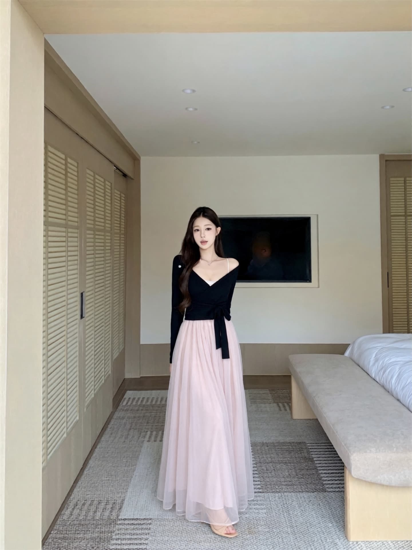 실사 이른 가을 새로운 Jiao 예쁜 발레 스트랩 니트 오픈 가디건 발레 망사 패치워크 드레스 투피스 세트 상세 이미지 8