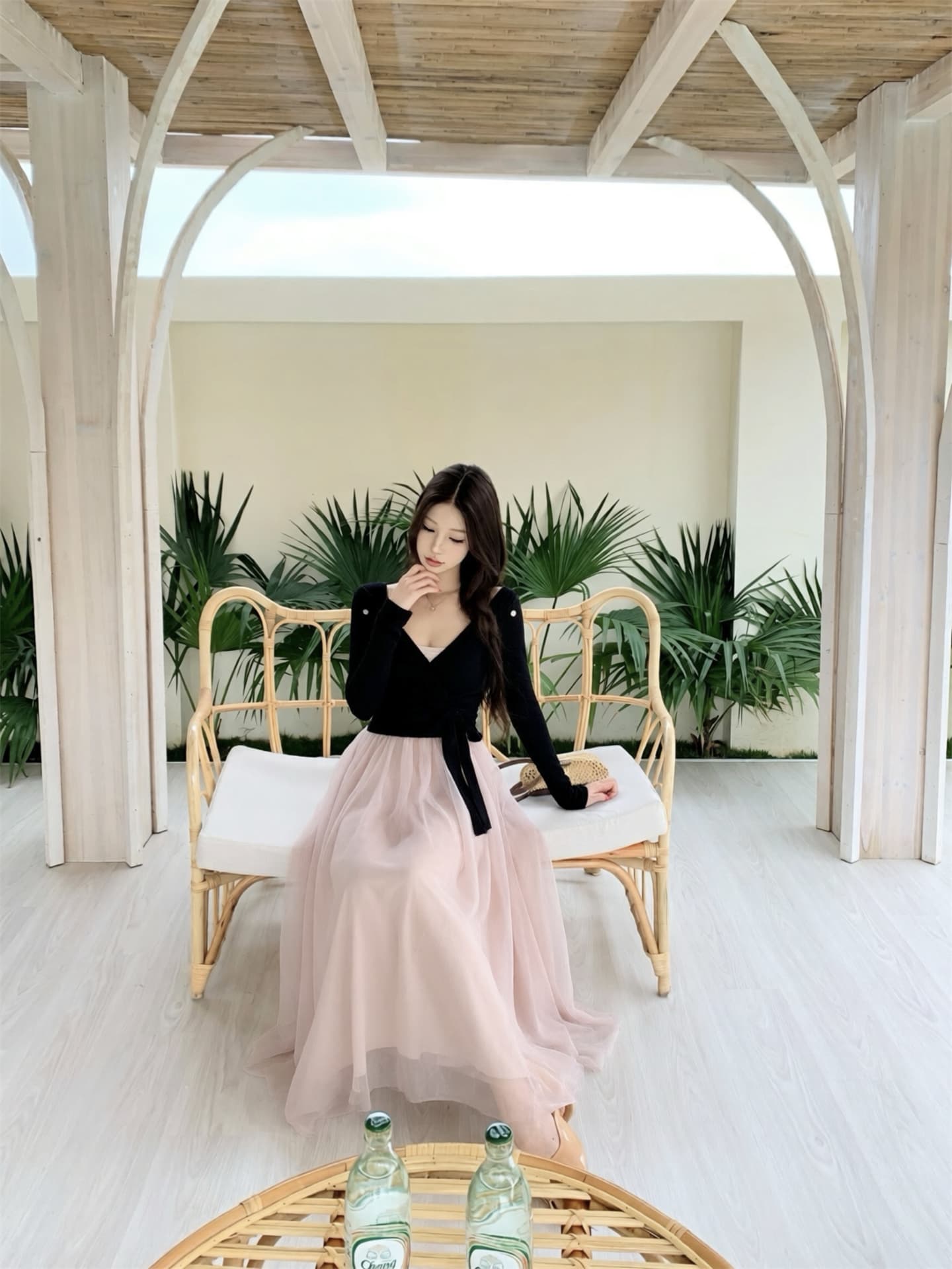 실사 이른 가을 새로운 Jiao 예쁜 발레 스트랩 니트 오픈 가디건 발레 망사 패치워크 드레스 투피스 세트 상세 이미지 9
