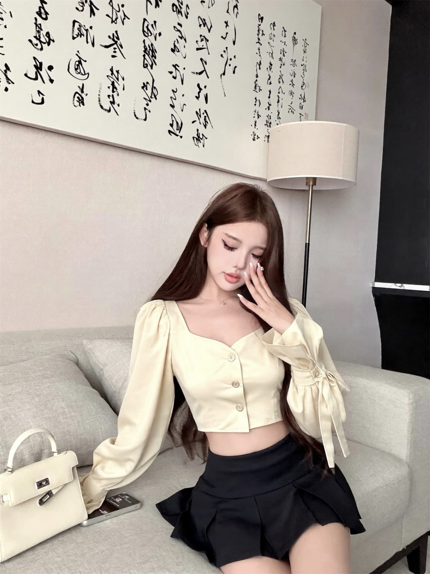 실사 이른 가을 원 영어 미학 한 부서 거품 소매 셔츠 플리츠 반 스커트 미니 스커트 달콤한 매운맛 분위기 센스 세트 상세 이미지 4