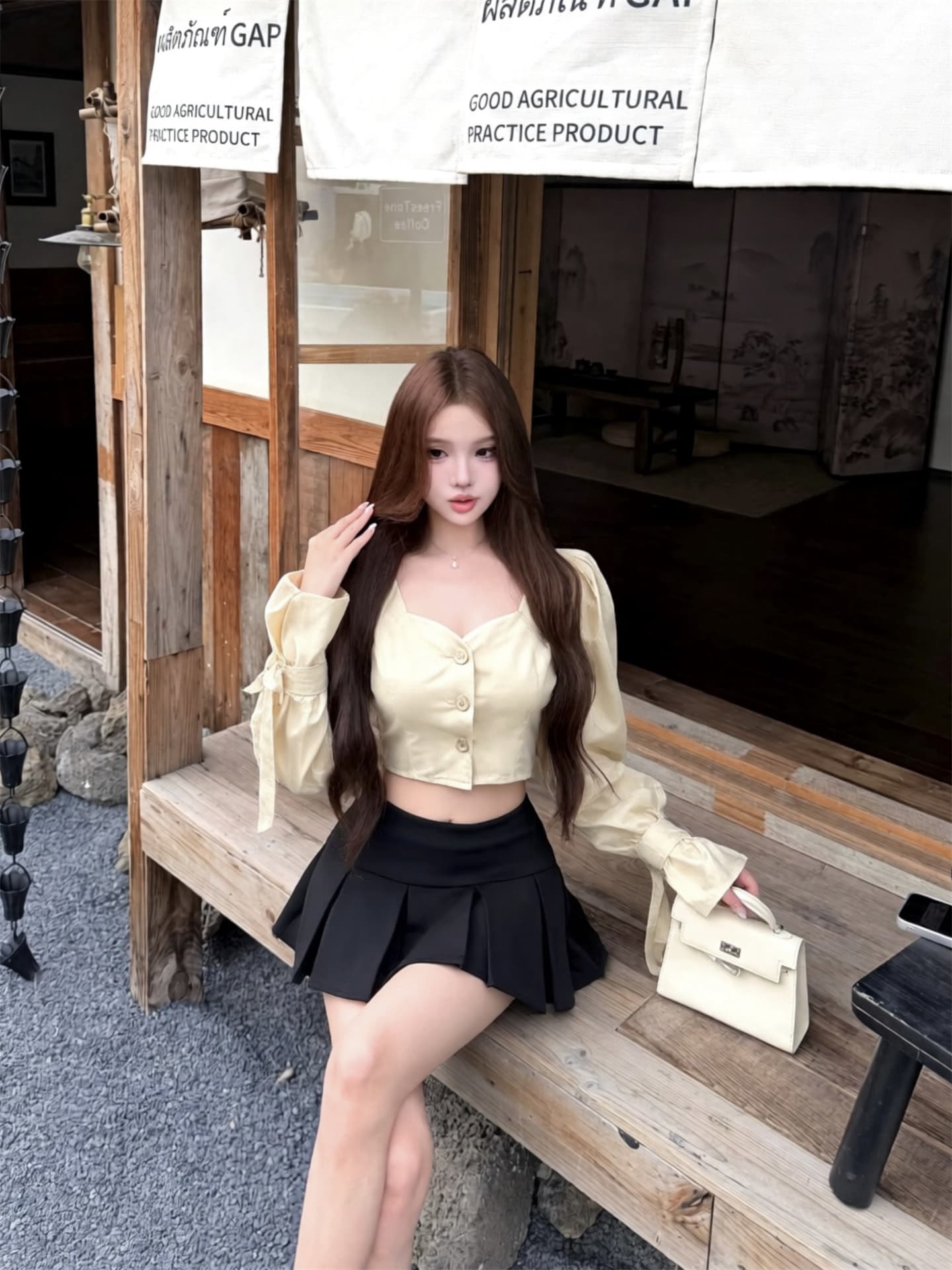 실사 이른 가을 원 영어 미학 한 부서 거품 소매 셔츠 플리츠 반 스커트 미니 스커트 달콤한 매운맛 분위기 센스 세트 상세 이미지 9
