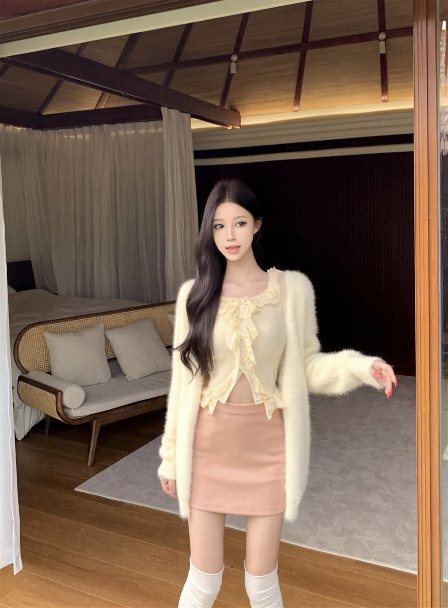 실사 가을 겨울 새로운 느긋한 바람 플리스 카디건 코트 패치워크 레이스 맨위 허리밴드 반신 스커트 여성 이미지 2