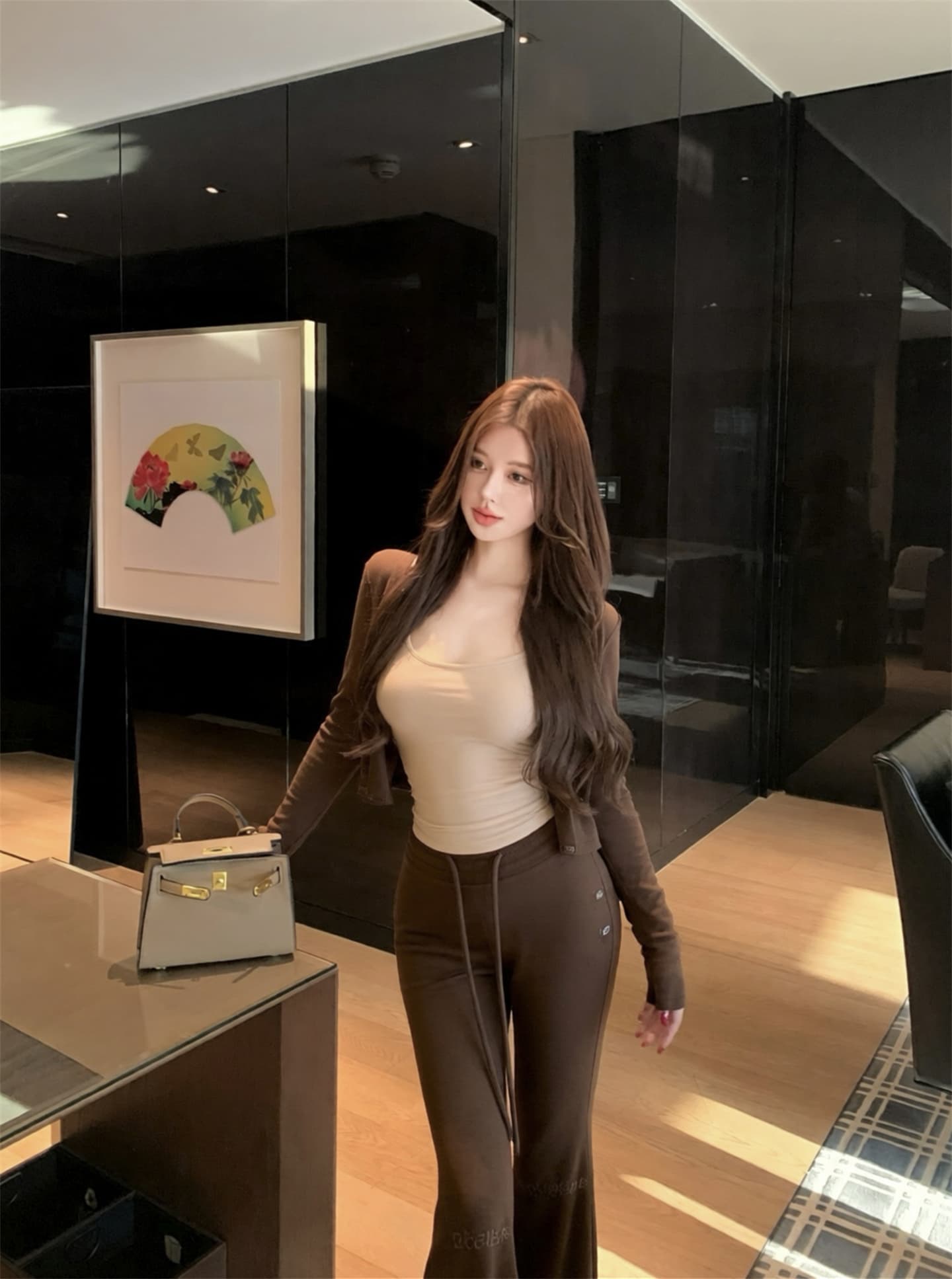 실사 이른 가을 새로운 공항 착용 가져 가라. 세트 그룹 삼색 세트 오픈 가디건 슬립 와이드 레그 팬츠 세 조각 여성 세트 이미지 4