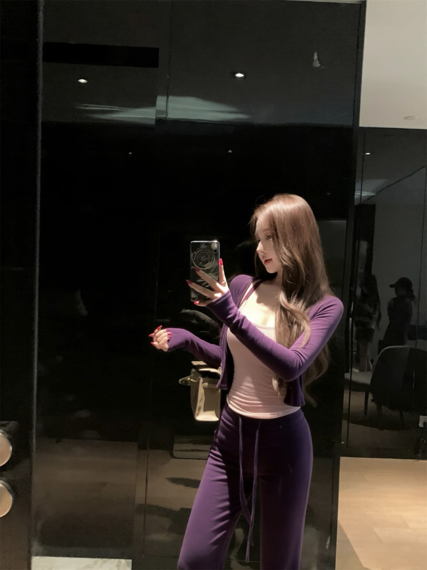 실사 이른 가을 새로운 공항 착용 가져 가라. 세트 그룹 삼색 세트 오픈 가디건 슬립 와이드 레그 팬츠 세 조각 여성 세트 상세 이미지 7