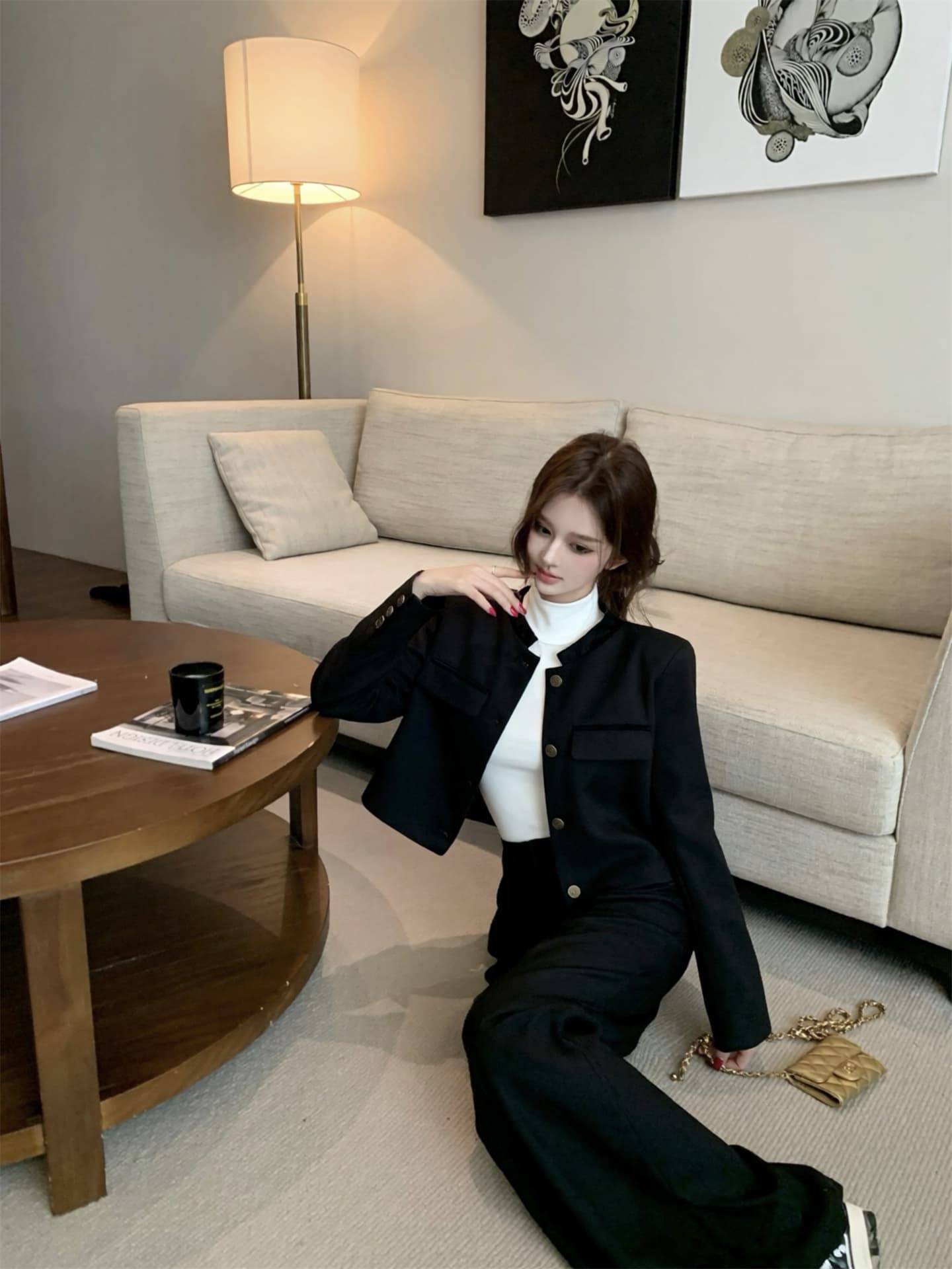 실사 가을 겨울 채볼 천 골드 고급 센스 품격 모직 정장 재킷 터틀넥 만나는 와이드 레그 팬츠 세트 상세 이미지 11