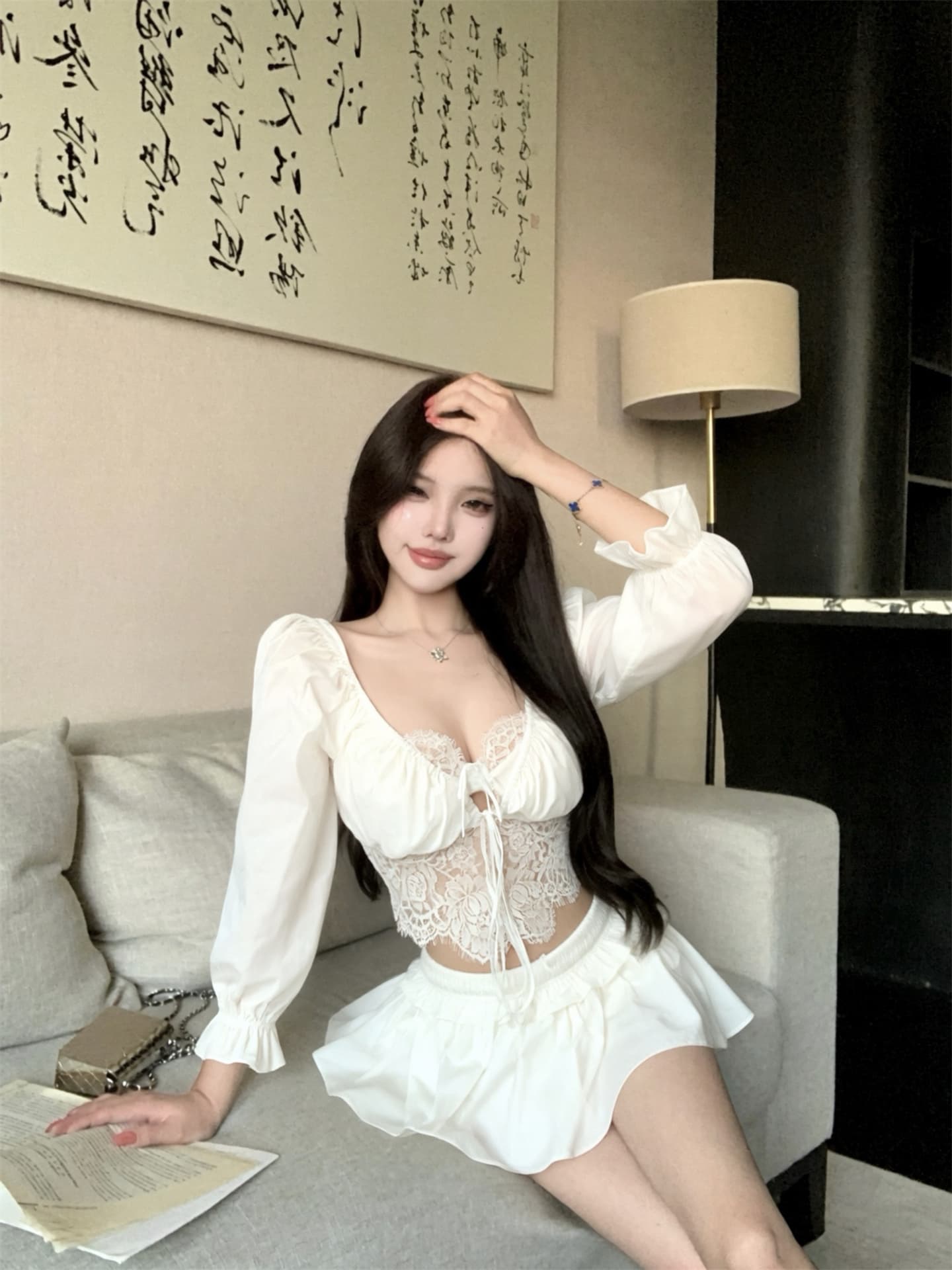 실사 가을 새로운 순수한 흰색 장미 순수한 욕망 레이스 요소 3종 세트 블라우스 슬립 반 스커트 세트 상세 이미지 2