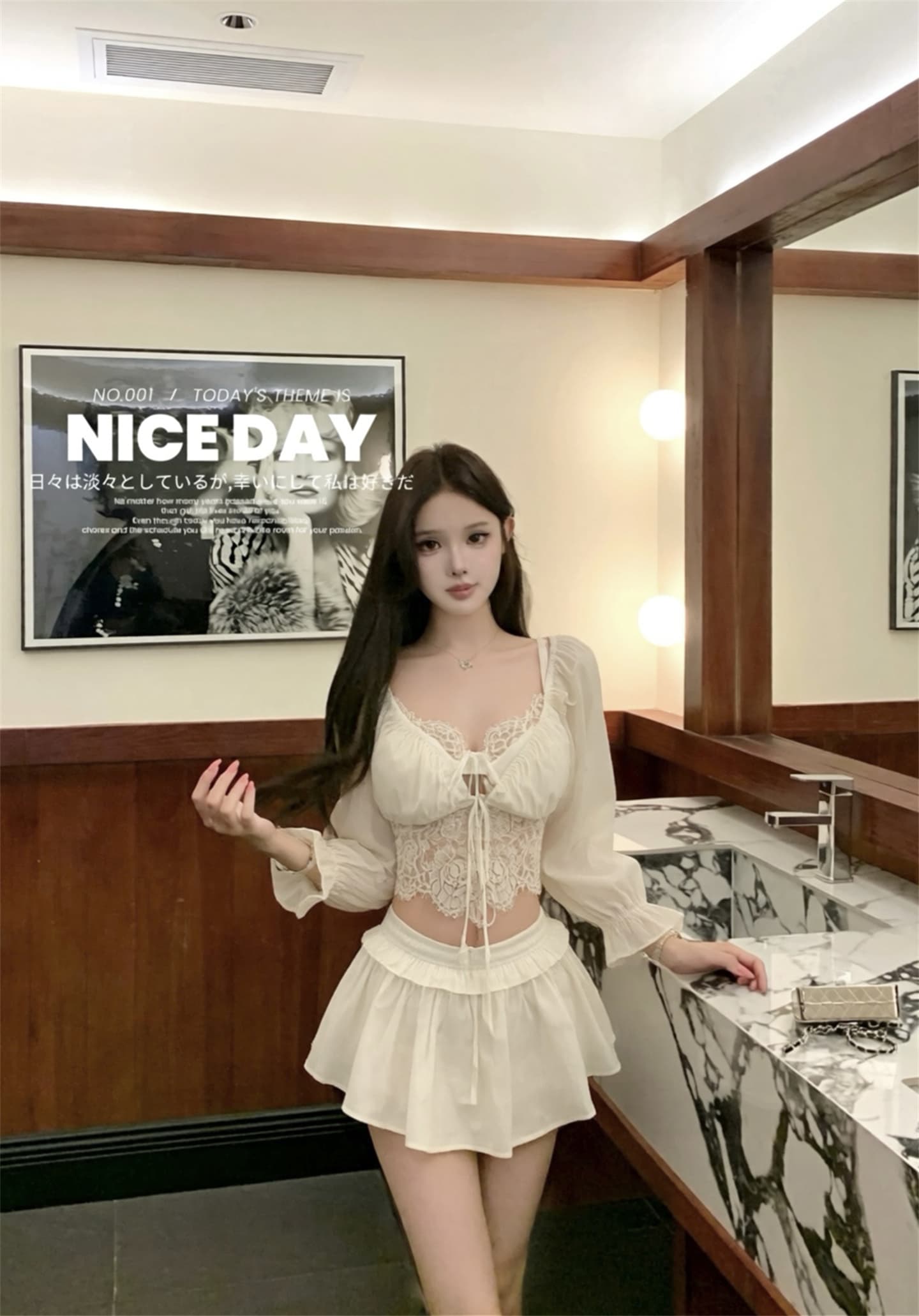 실사 가을 새로운 순수한 흰색 장미 순수한 욕망 레이스 요소 3종 세트 블라우스 슬립 반 스커트 세트 상세 이미지 13