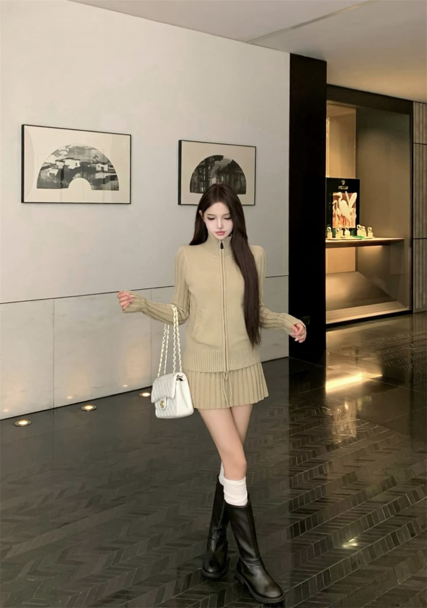 실사 가을 겨울 새로운 한 부서 몸매 가꾸기 슬림해 보이는 품격 지퍼 스웨터 코트 가져 가라. 반신 미니 스커트 투피스 세트 상세 이미지 7