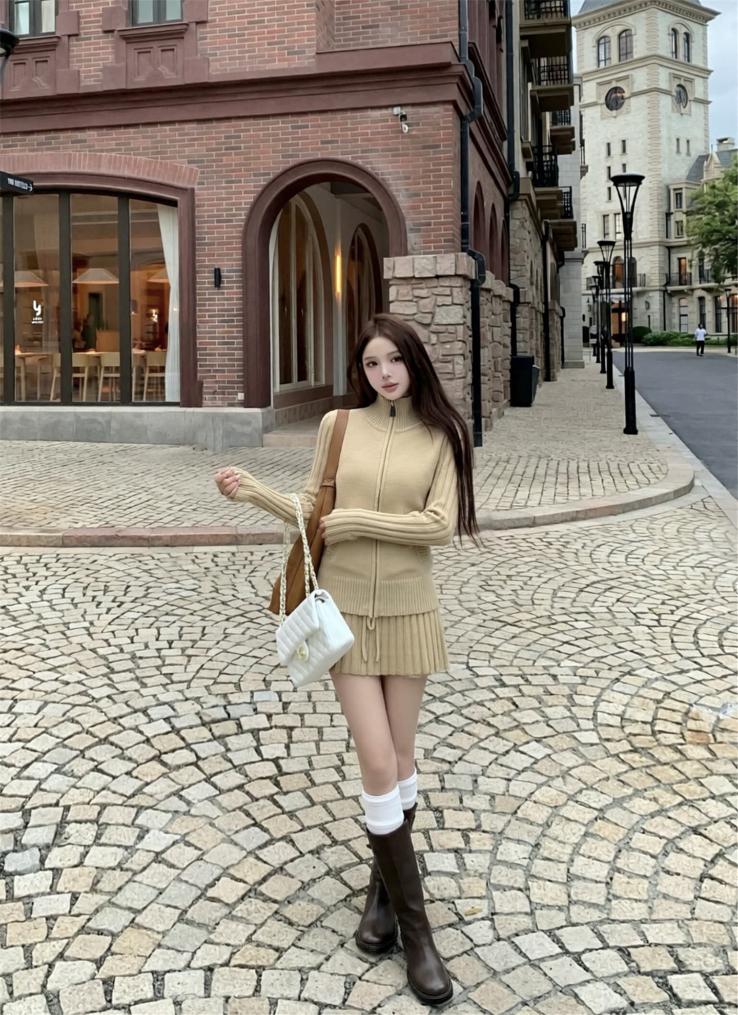 실사 가을 겨울 새로운 한 부서 몸매 가꾸기 슬림해 보이는 품격 지퍼 스웨터 코트 가져 가라. 반신 미니 스커트 투피스 세트 상세 이미지 12